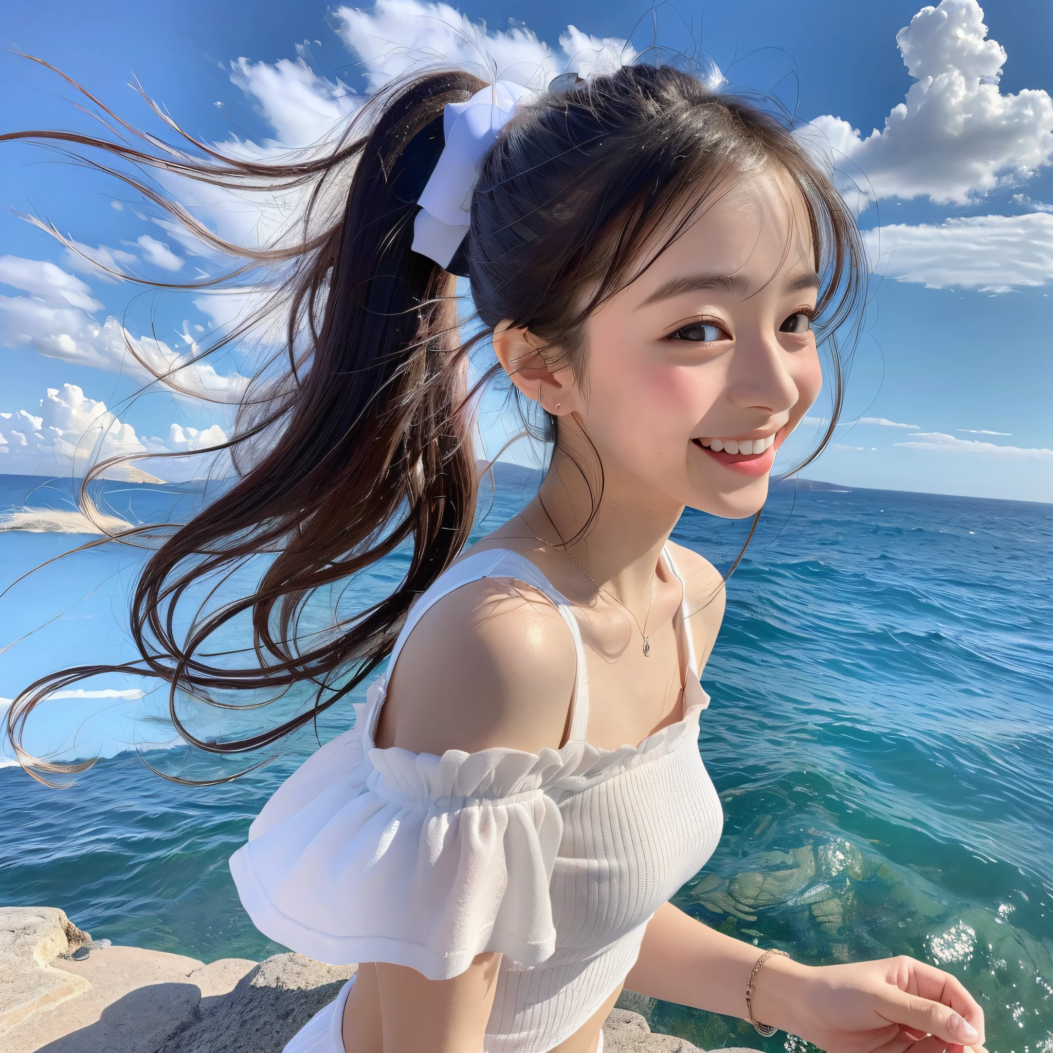 (8k, 32K, RAW photos, top quality, masterpiece: 1.2), ULRA high resolution, high definition photos, (Photorealistic: 1.2), (NSFW not safe for work),Alafed asian woman with white blow top and blue top, ponytail, smiling white teeth, View from the hills, looking out of the hills, Greece, Aegean Sea, (girl flying), ( white micro mini skirt), beautiful Japan girl face (girl flying in the sky), cute fine face of girl, young asian woman, blue sea, beautiful scenery lined with white roof,
