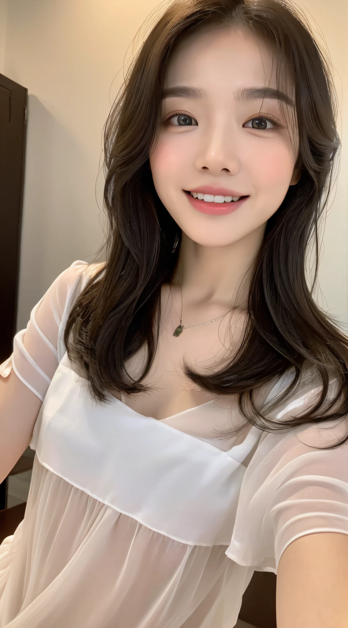 ((Top Quality, 8K, Masterpiece: 1.3)), Focus: 1.2, Cute Girl One, Perfect Beauty: 1.4, ((Layered Hairstyle, Small: 1.2)), (Wet Clothes: 1.1), (Waves: 1.3), Huerneck Sheer Dress: 1.2, Highly Detailed Face and Skin Texture, Layered Composition, Detailed Eyes, Double Eyelids, Whitening Skin, Charming Smile, (Legs: 1.5)