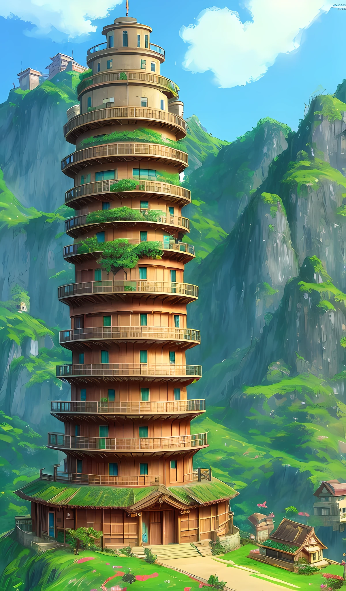A Huge Vietnam Old Apartment Building by Howl's Moving Castle Ghibli, by Miyazaki, Nausicaa Ghibli, Breath of The Wild, epic composition