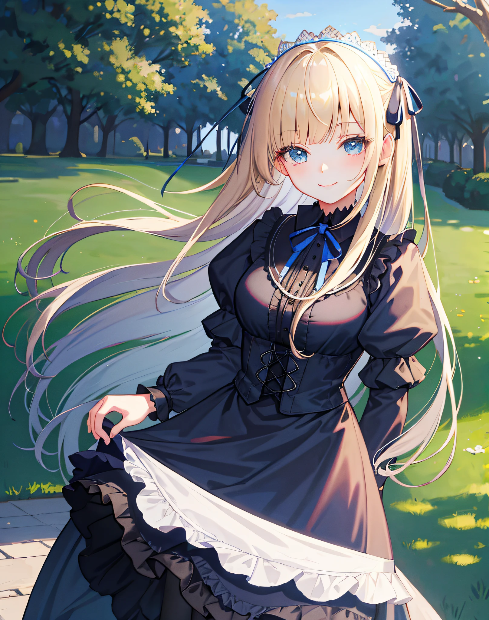 masterpiece, park, blue sky, blonde, long hair, blunt bangs bangs, long eyelashes, blue eyes, black gothic ta, smile, ribbon in hair, gentle expression, drooping eyes, big