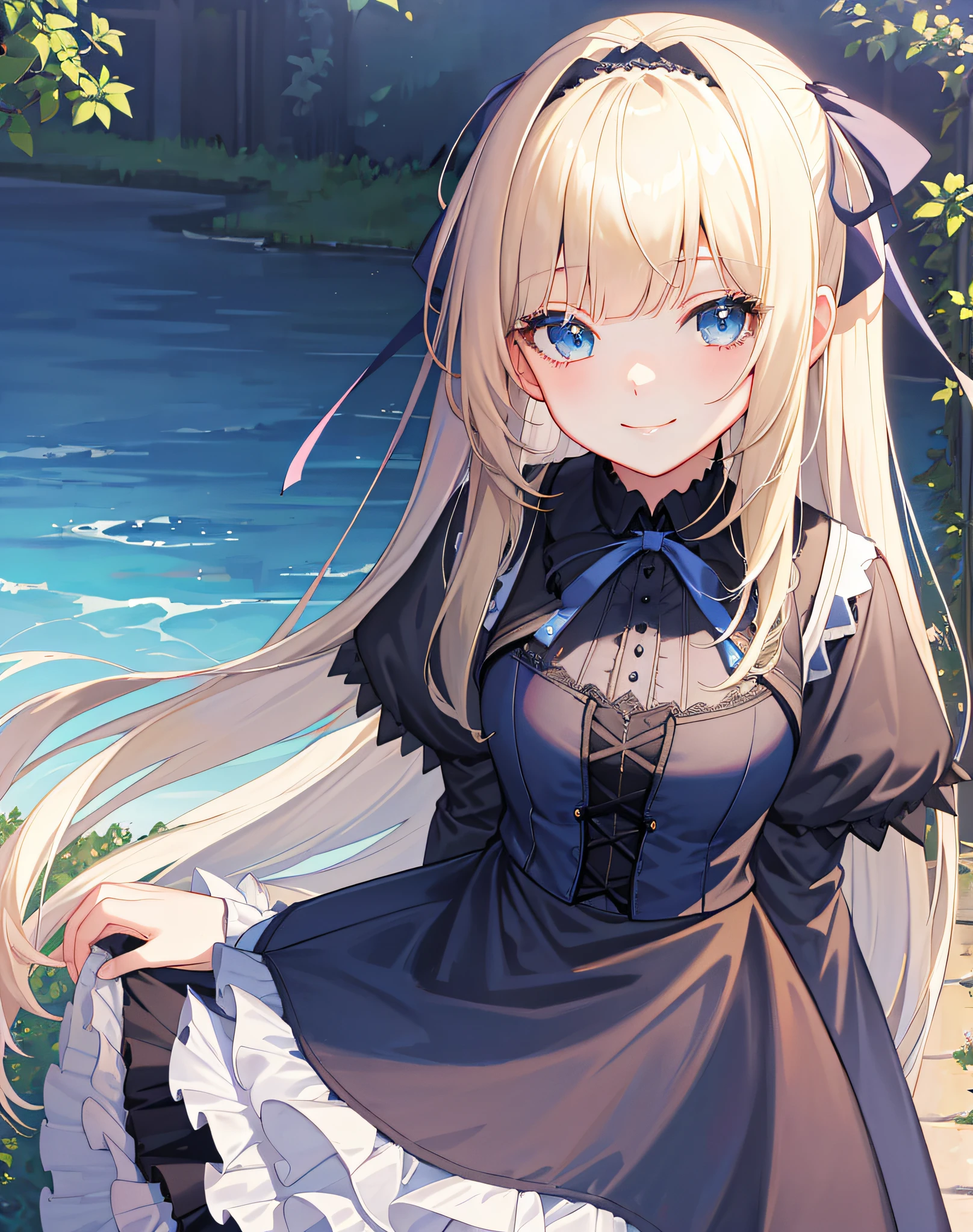 masterpiece, park, blue sky, blonde, long hair, blunt bangs bangs, long eyelashes, blue eyes, black gothic lolita, smile, ribbon in hair, gentle expression