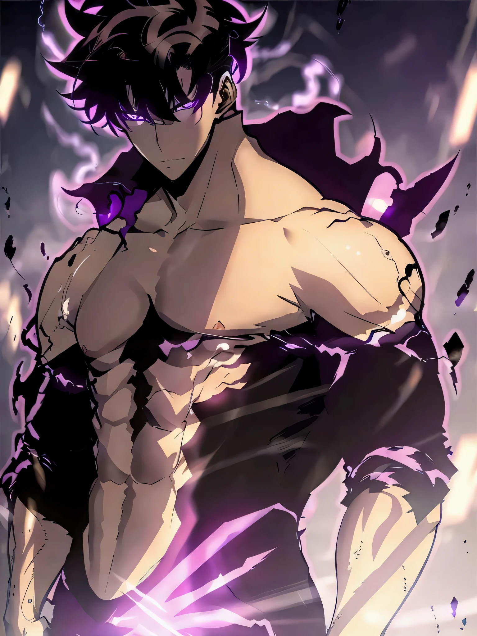1man,1boy,muscualr,black hair,purple eyes, trained, suit,solo