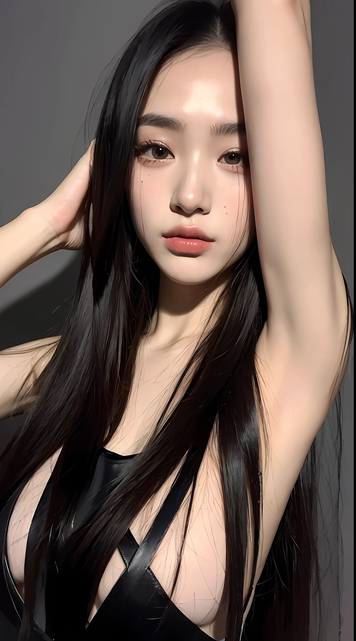 ((top quality, 8k, masterpiece: 1.3)), one girl, slender beauty, straight long hair with split black hair, shiny black dress, detailed face depiction, double eyelids, thin slightly thin eyebrows, small face, slit and big eyes, big, armpits