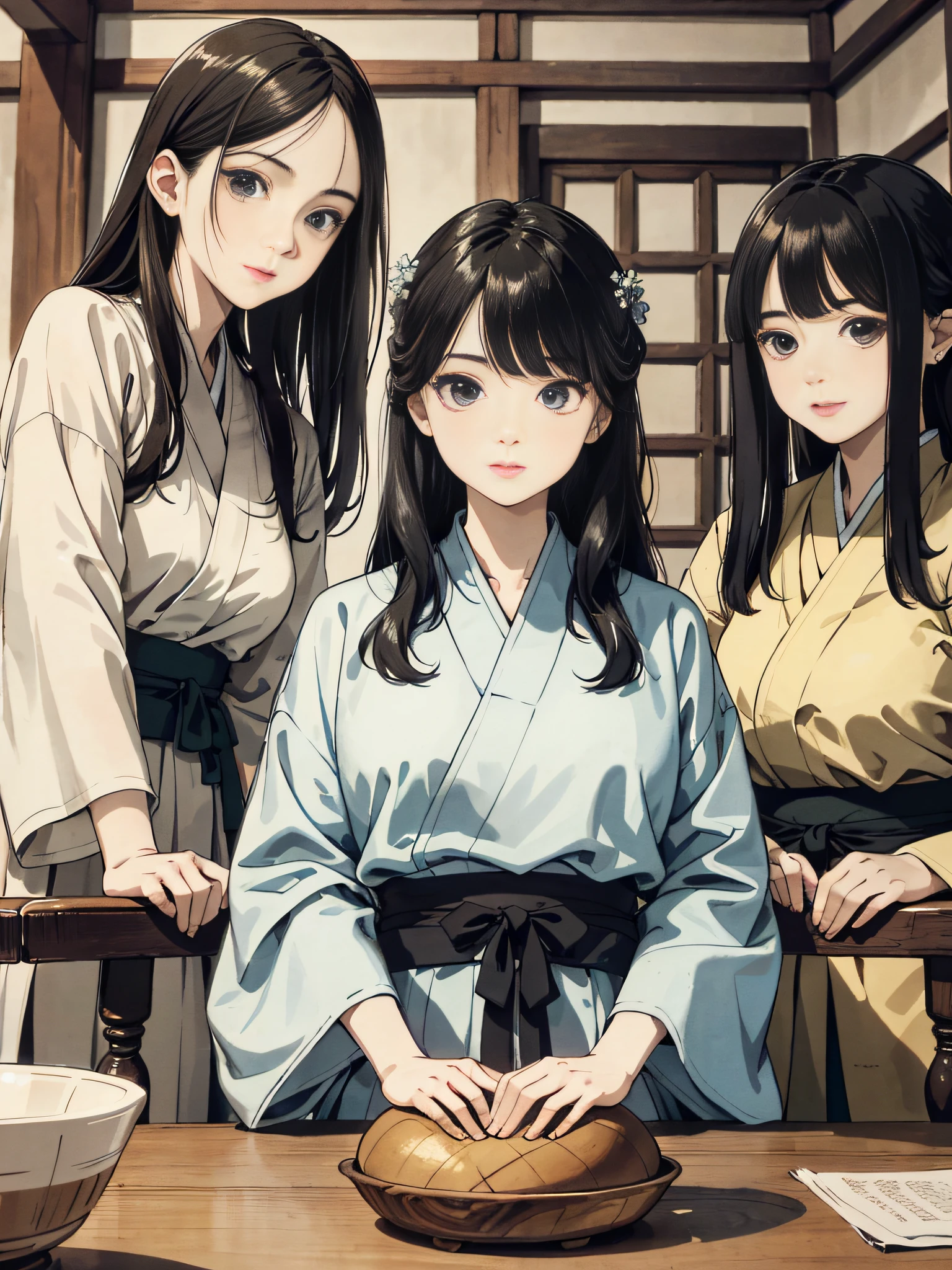 Absurd, high definition, super detailed, texture details, clear presentation, high-definition details, detail performance, fine details, clear face, precise restoration, clear eyeballs, (3 fat girls: 1.3), hand-drawn, simple lines, three 20-year-old girls in simple Hanfu, sitting around the round table dining table, ancient wooden room interior, masterpiece, looking at the camera