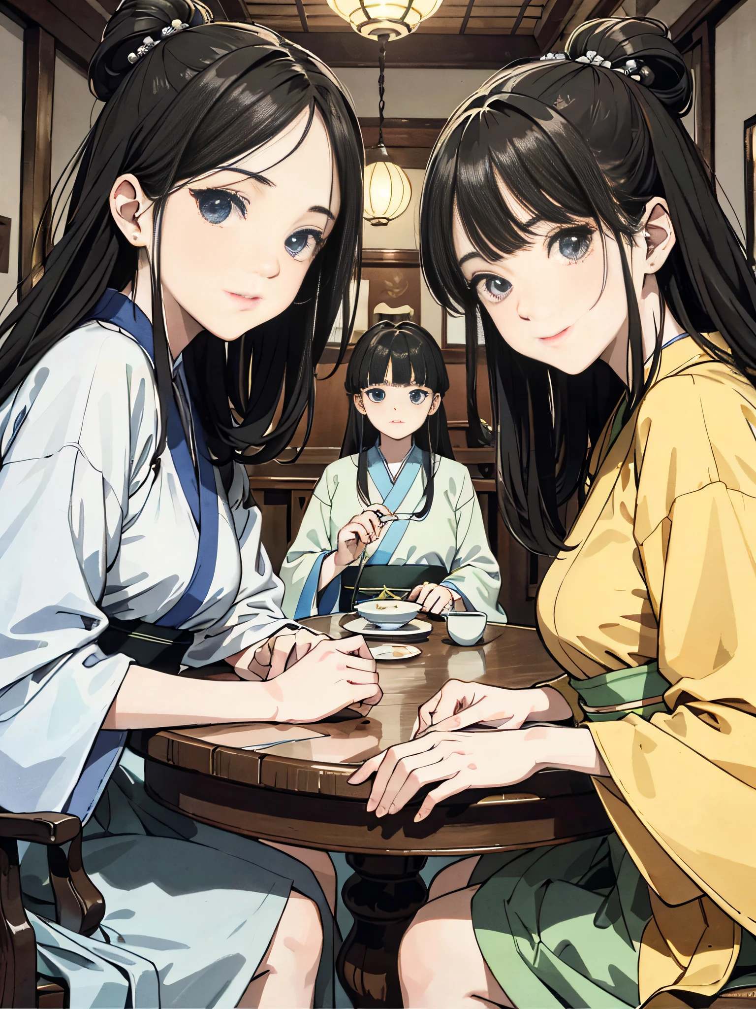 Absurd, high definition, super detailed, texture details, clear presentation, high-definition details, detail performance, fine details, clear face, precise restoration, clear eyeballs, (3 fat girls: 1.3), hand-drawn, simple lines, three 20-year-old girls in simple Hanfu, sitting around the round table dining table, ancient wooden room interior, masterpiece, looking at the camera