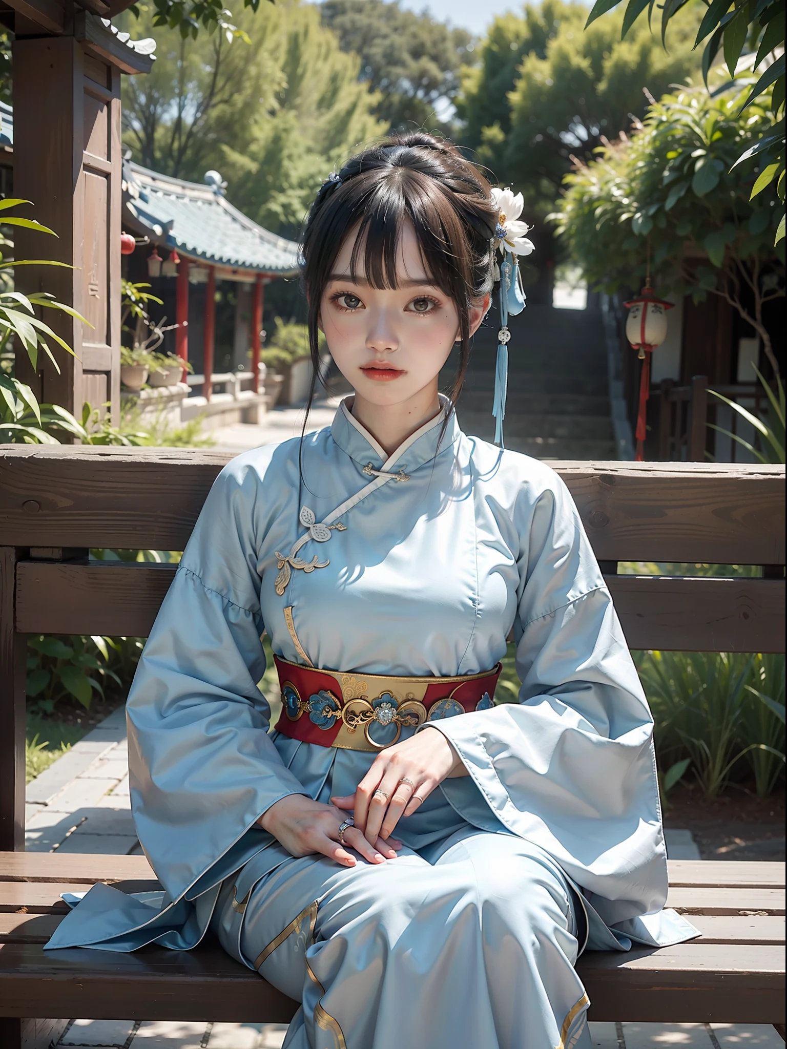 Woman in blue dress sitting on bench, hands on chin, palace, Hanfu girl, wearing ancient Chinese costume, Hanfu, wearing ancient Chinese clothing, Chinese costume, Chinese traditional clothing, white Hanfu, Chinese Traditional, Chinese style, Japanese goddess, anime girl cosplay, cheongsam, Chinese costume, wearing blue cheongsam dress, (Qi bangs), (big breasts: 1.2), (ring finger diamond ring), masterpiece, realistic