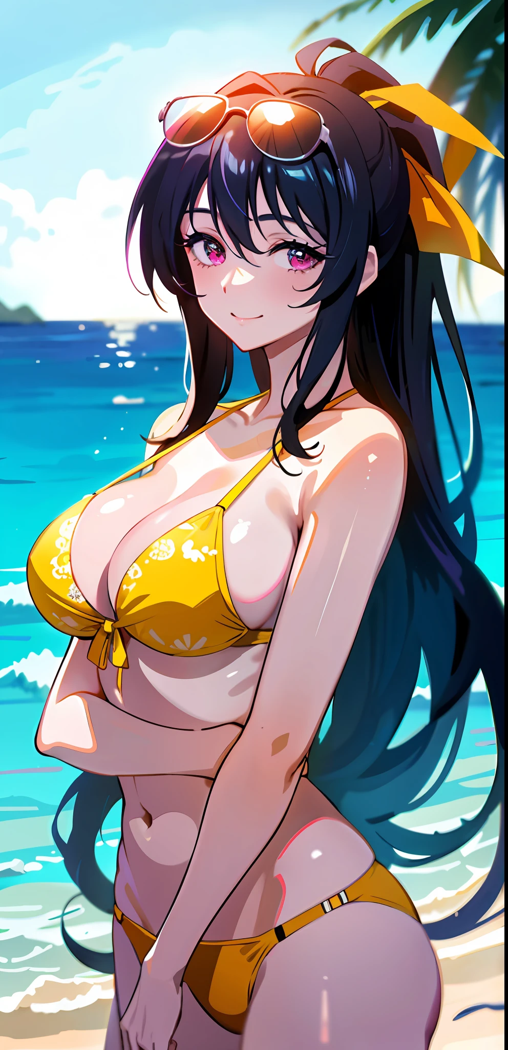 masterpiece, best quality, 1girl, looking at viewer, cute, yellow bikini, (seascape), large breasts, pink eyes, himejima akeno, black hair, long hair, beautiful detailed eyes, beautiful detailed glow, lots of glow, embarrassed, (upper body:1.4), smile, sunglasses,