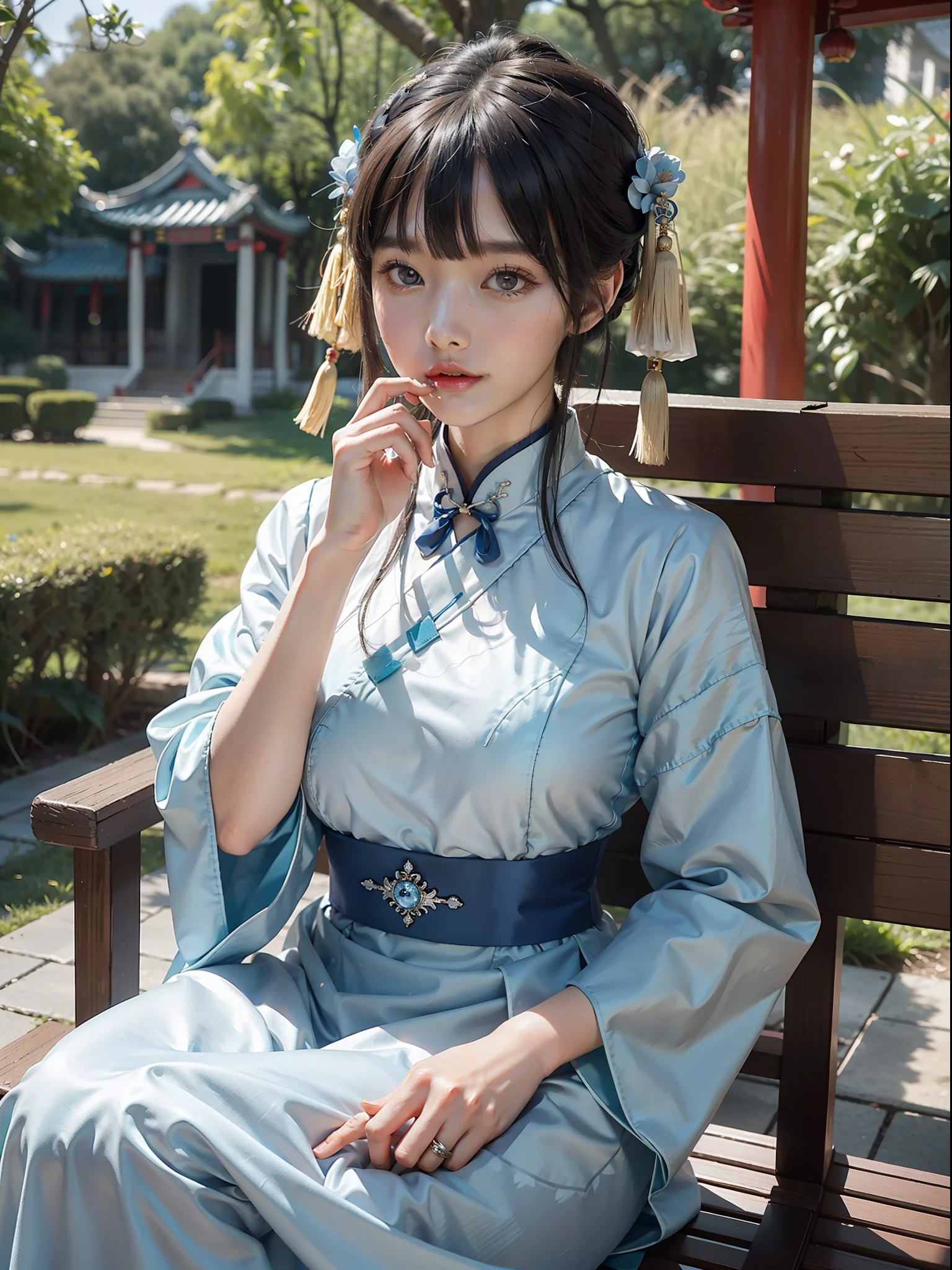 Woman in blue dress sitting on bench, hands on chin, palace, Hanfu girl, wearing ancient Chinese costume, Hanfu, wearing ancient Chinese clothing, Chinese costume, Chinese traditional clothing, white Hanfu, Chinese Traditional, Chinese style, Japanese goddess, anime girl cosplay, cheongsam, Chinese costume, wearing blue cheongsam dress, (Qi bangs), (big breasts: 1.2), (ring finger diamond ring), masterpiece, realistic