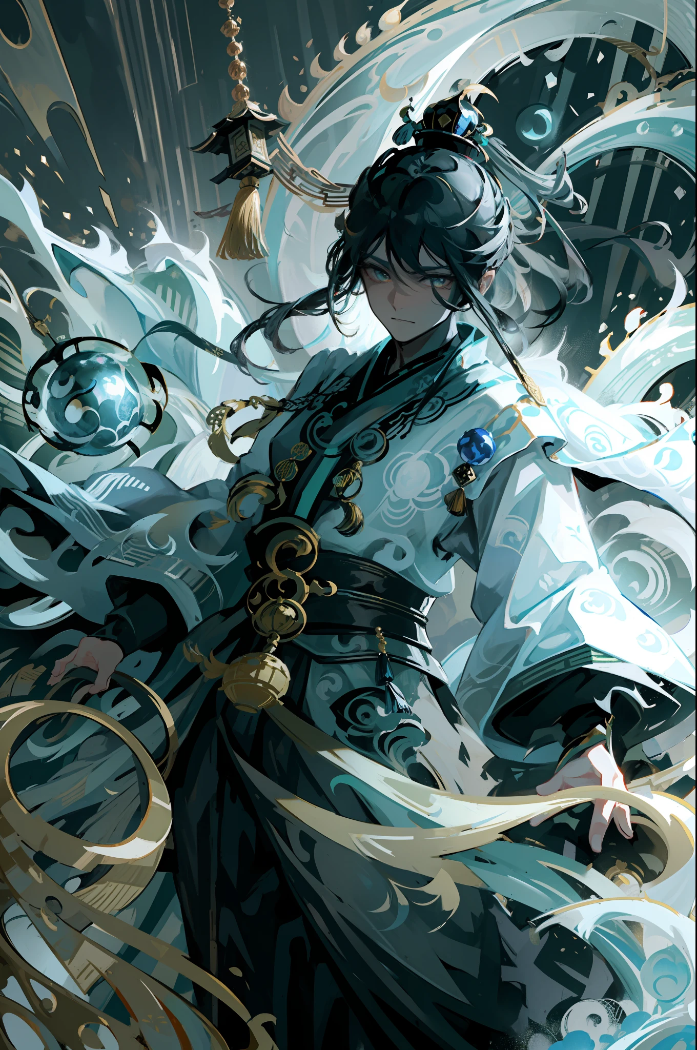 Emperor, Emperor of China, king's crown with tassels, long sleeves, portrait, solo, Chinese dragon pattern, youngster, Chinese style clothes, Magnificent palace, Hanfu, Hanfu in black and gold color, high contrast, The figure is in the shadows, Wide-Angle, high quality, anatomically correct