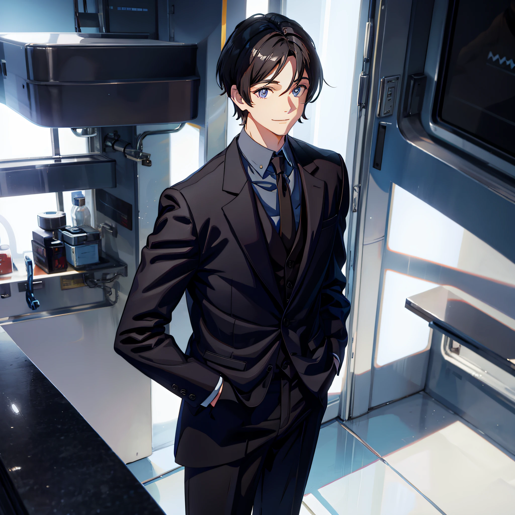 Male, short black hair, fine eyes, suit, smile,