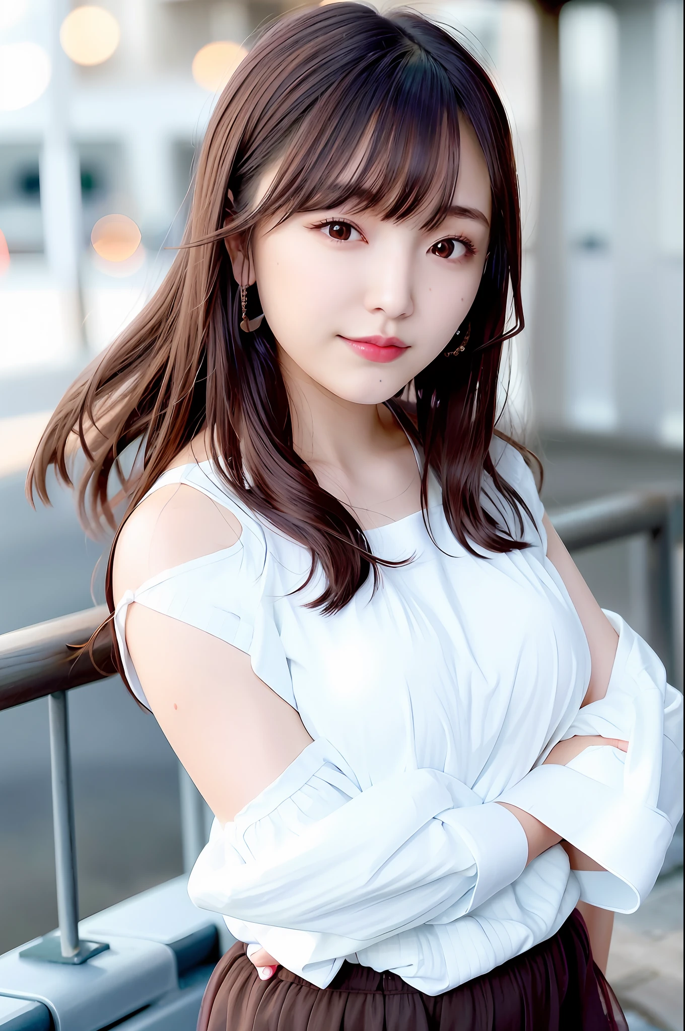 (skin blemish:1.2), (skindentation), black eye, 1woman, 25yo, (((woman))), solo, realistic, best quality, photorealistic, masterpiece, 8k, high res, solo, extremely detailed face, (professional lighting, bokeh), (light particles, lens flare, glowing particles:0.6), (dynamic pose:1.2), soft lighting, top angle view, fashionable and trendy atmosphere, japan, street, city, tokyo, harbour, ((daytime)), sky, ((looking at the viewer:1)), (looking at the camera),(portrait:0.6), cowboy shot, gorgeous, standing, keep original facial proportion, wide shoulder, full body, (medium breast), (short hair), brown hair, floating hair, lips, lipstick, seductive smile, floating hair, smile, open_mouth, teeth, (sleeves less white blouse), (jumper skirt), eyelashes, mole, (mole under eye:1),