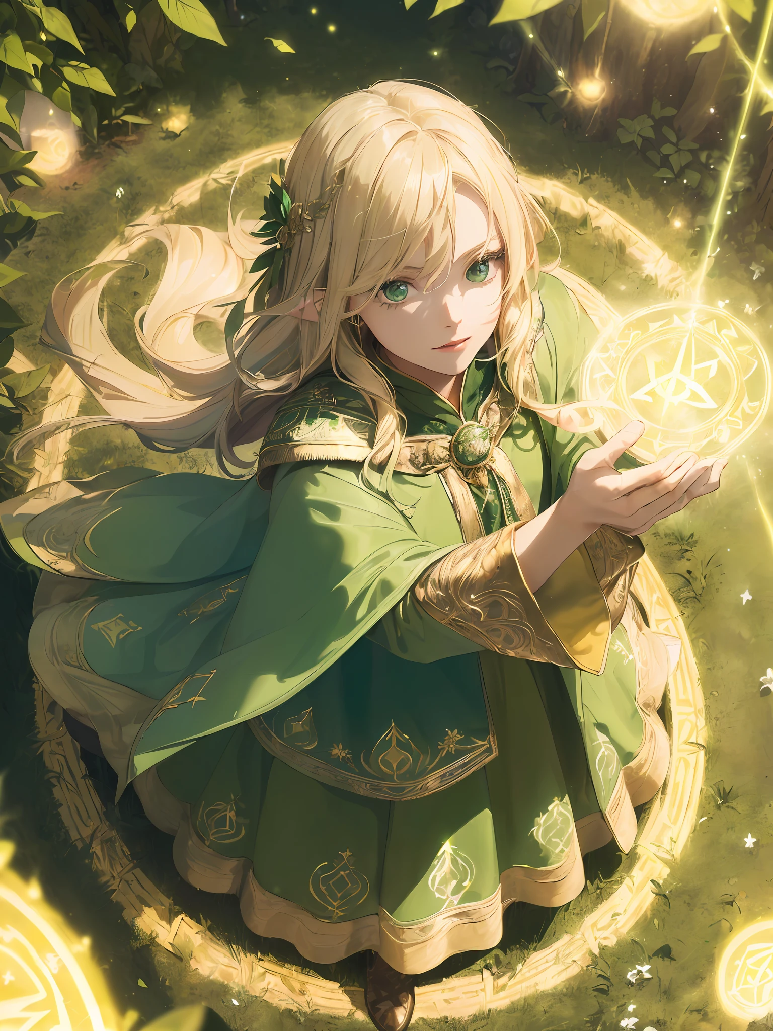 (((Masterpiece, highest quality, high definition, high detail)))), ((((Fantasy)))), 1 person, (((from above)))))), (zoom in on eyes)))), (Elf woman)))), (blonde blonde long straight hair), ((fine dark green eyes)))), (green surcoat with gold embroidery))), (((green long cloak with gold embroidery) ), Big, Spreading Arms, ((Casting spells)), (Lots of glowing particles are flying), ((Light streams gather in the hands))), (((Magic circles of light densely drawn on the ground with magic patterns and letters densely layered))), Forest, Vortex of Light spreading around elven women