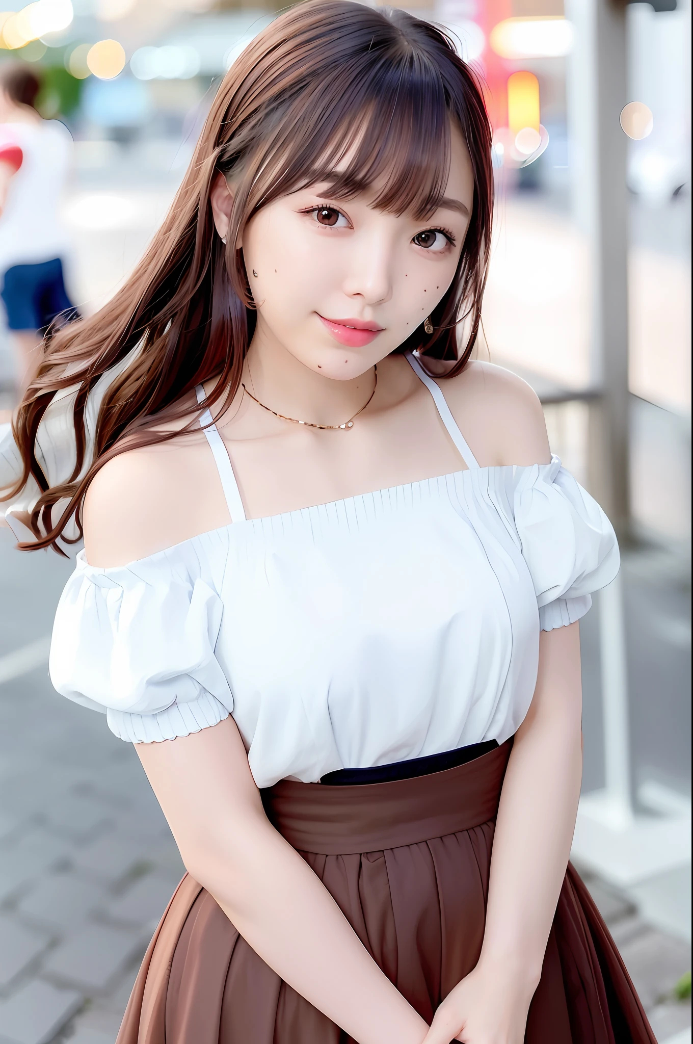 (skin blemish:1.2), (skindentation), black eye, 1woman, 25yo, (((woman))), solo, realistic, best quality, photorealistic, masterpiece, 8k, high res, solo, extremely detailed face, (professional lighting, bokeh), (light particles, lens flare, glowing particles:0.6), (dynamic pose:1.2), soft lighting, top angle view, fashionable and trendy atmosphere, japan, street, city, tokyo, harbour, ((daytime)), sky, ((looking at the viewer:1)), (looking at the camera),(portrait:0.6), cowboy shot, gorgeous, standing, keep original facial proportion, wide shoulder, full body, (medium breast), (short hair), brown hair, floating hair, lips, lipstick, seductive smile, floating hair, smile, open_mouth, teeth, (sleeves less white blouse), (jumper skirt), eyelashes, mole, (mole under eye:1),