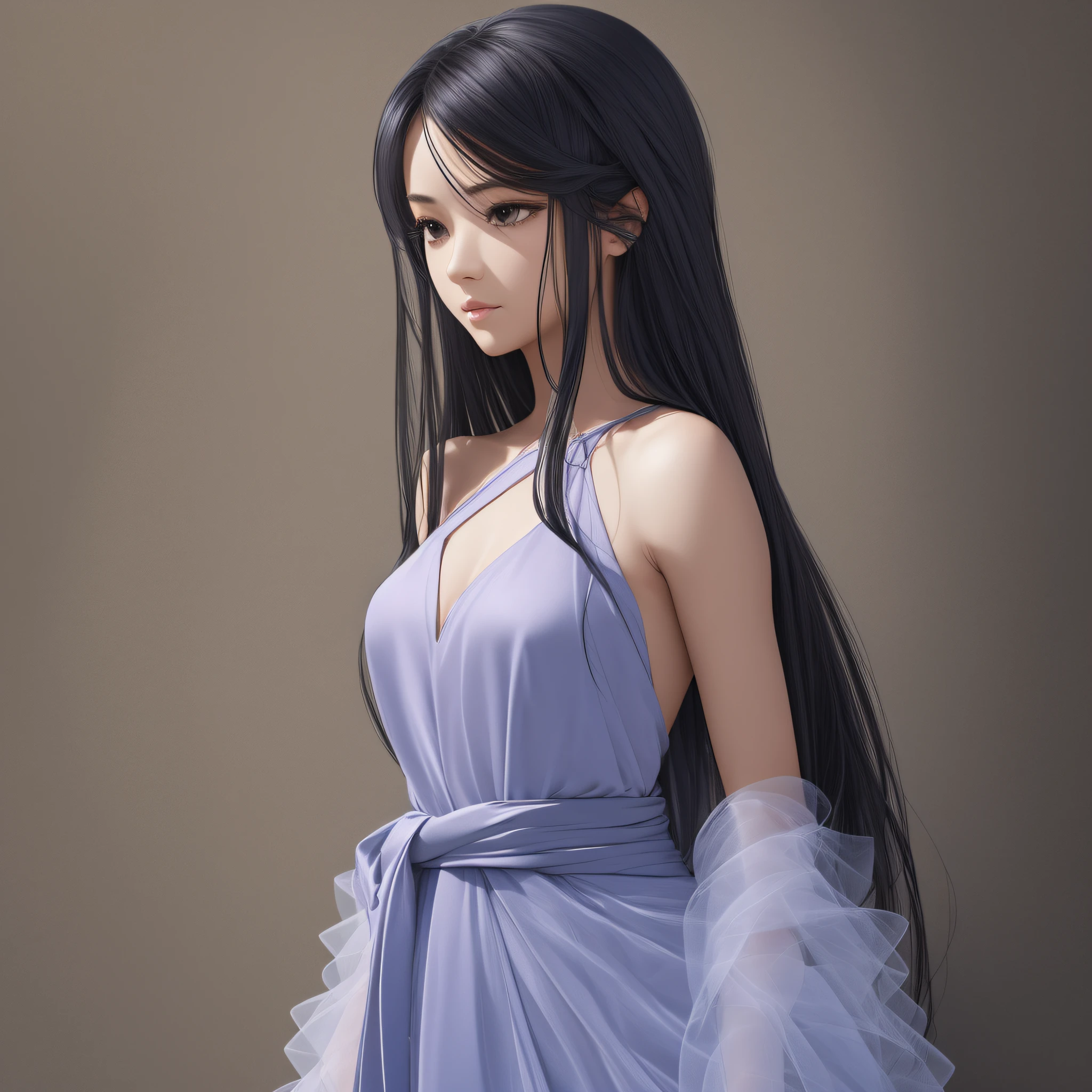 Roselle, narrow shoulders, thin waist as thin as a bundle, black beautiful long hair is tied around the waist 4k resolution super realistic tulle transparent --auto --s2