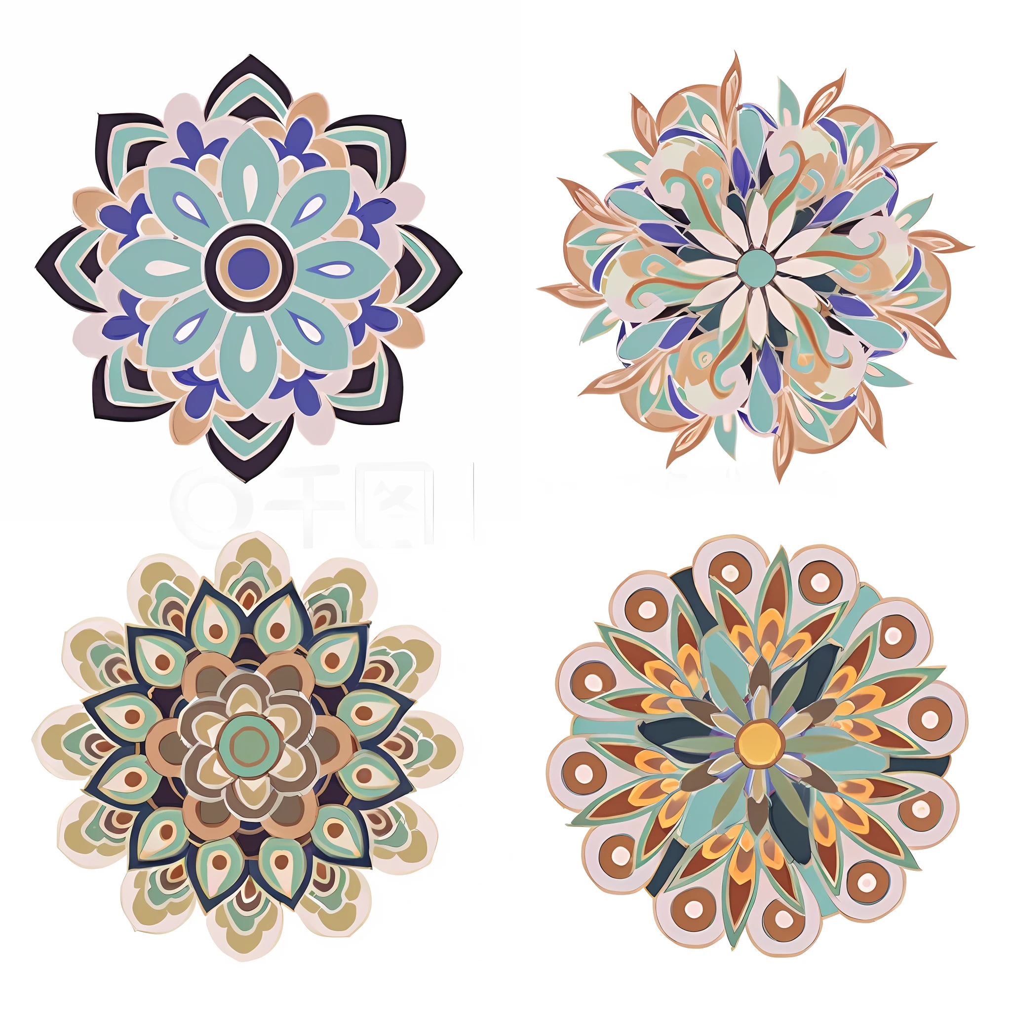 four different colored flowers are arranged in a circle, intricate flower designs, stylized geometric flowers, ornamental aesthetics intricate, geometric patterns ornaments, ornate flowers, 中 元 节, elaborate geometric ornament, flower motif, ornate geometric patterns, eastern art style, 中 国 鬼 节, hippie motifs, flower power motifs