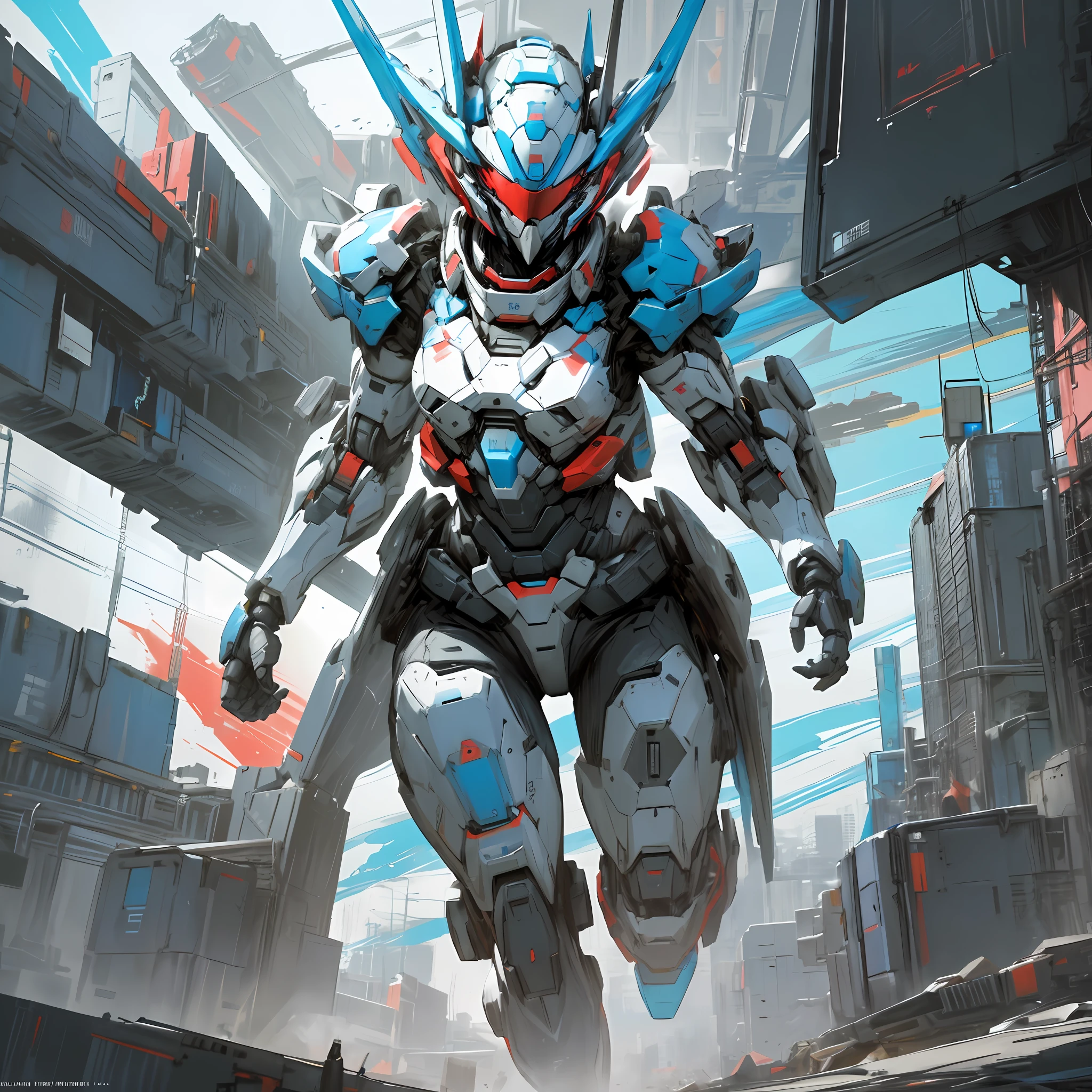 (clenched fist) Araffard robot with blue and red stripes on its body, modern mecha anime, cool mecha style, Alexander Ferra white mecha, mecha art, painting humanoid mecha, mecha inspiration, female mecha, Fira white mecha, mecha aesthetics, mecha anime, mecha set