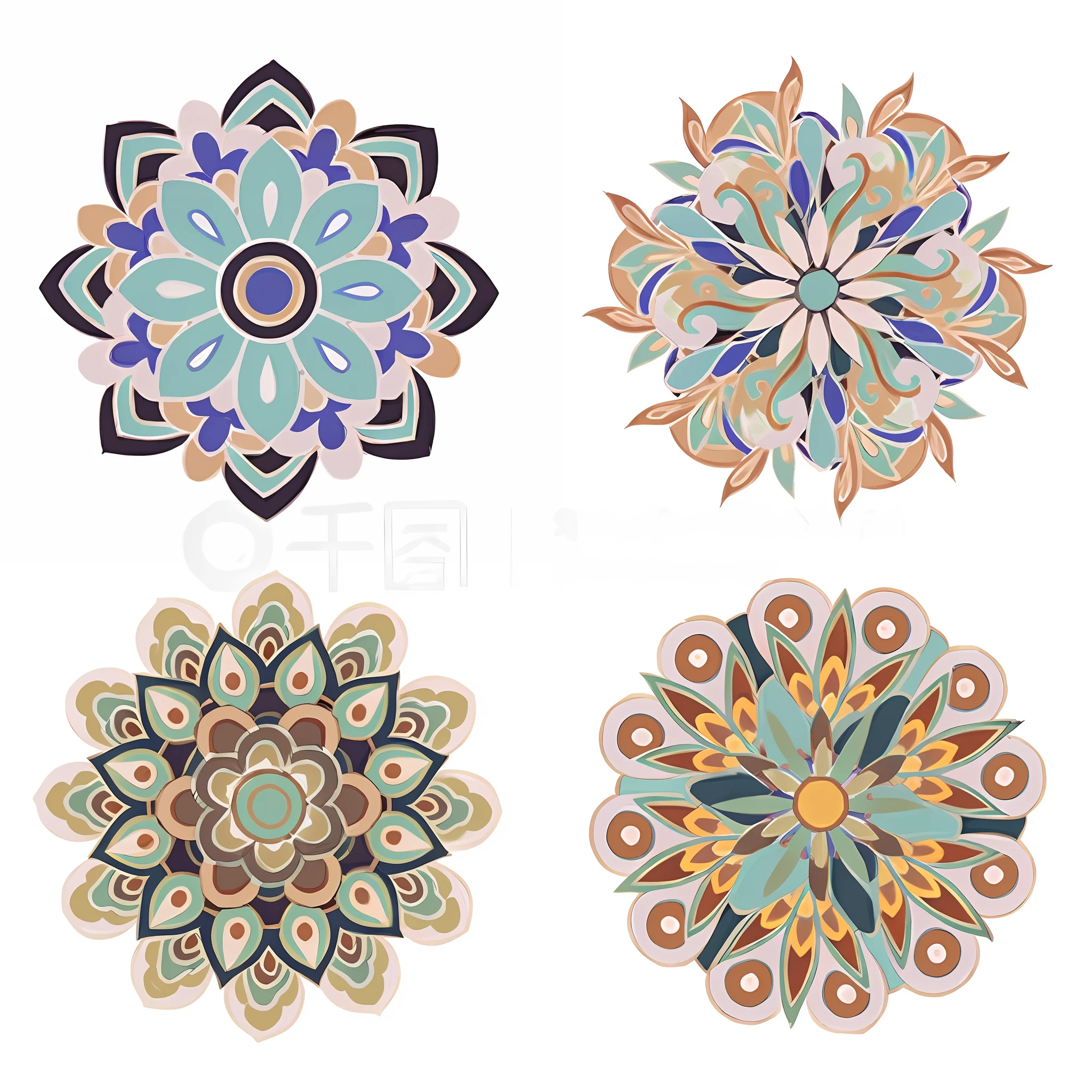 four different colored flowers are arranged in a circle, intricate flower designs, stylized geometric flowers, ornamental aesthetics intricate, geometric patterns ornaments, ornate flowers, 中 元 节, elaborate geometric ornament, flower motif, ornate geometric patterns, eastern art style, 中 国 鬼 节, hippie motifs, flower power motifs
