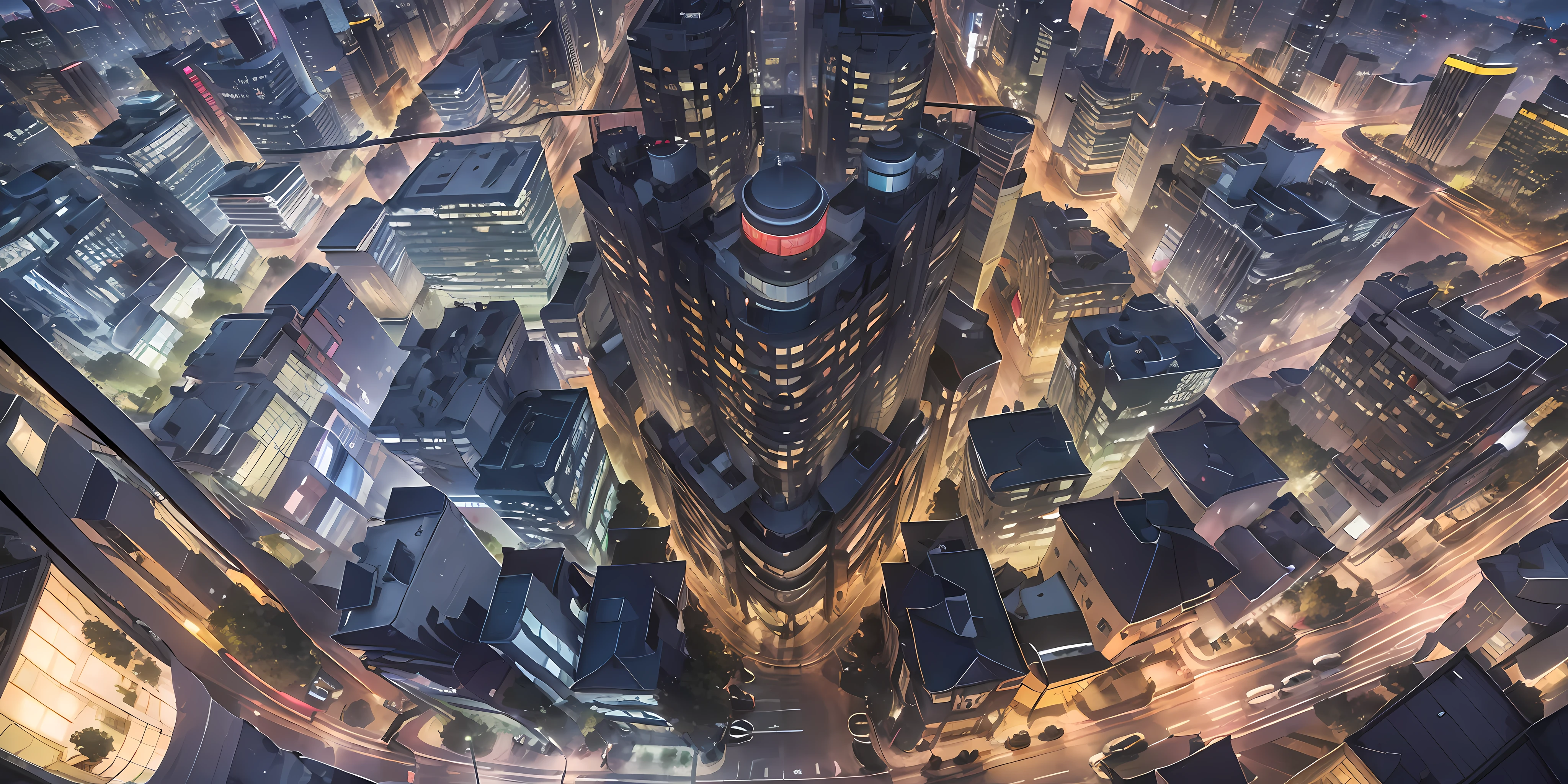 (Street view with outstanding details and stunning city view from the perspective of the city), (tough and dynamic), (floating, widescreen high-quality anime 8k wallpaper, ultra-detailed), (at the end of the city, high-rise buildings with rich layers, strong light and shadow, bright and eye-catching ),(Volumetric Light, the air fluctuates like microwaves, flying fog),(night falls, the outline of the city is outlined by gorgeous lines, warm yellow pavement and street lights are embellished, and the singing on the street corner is full of life sentiment)