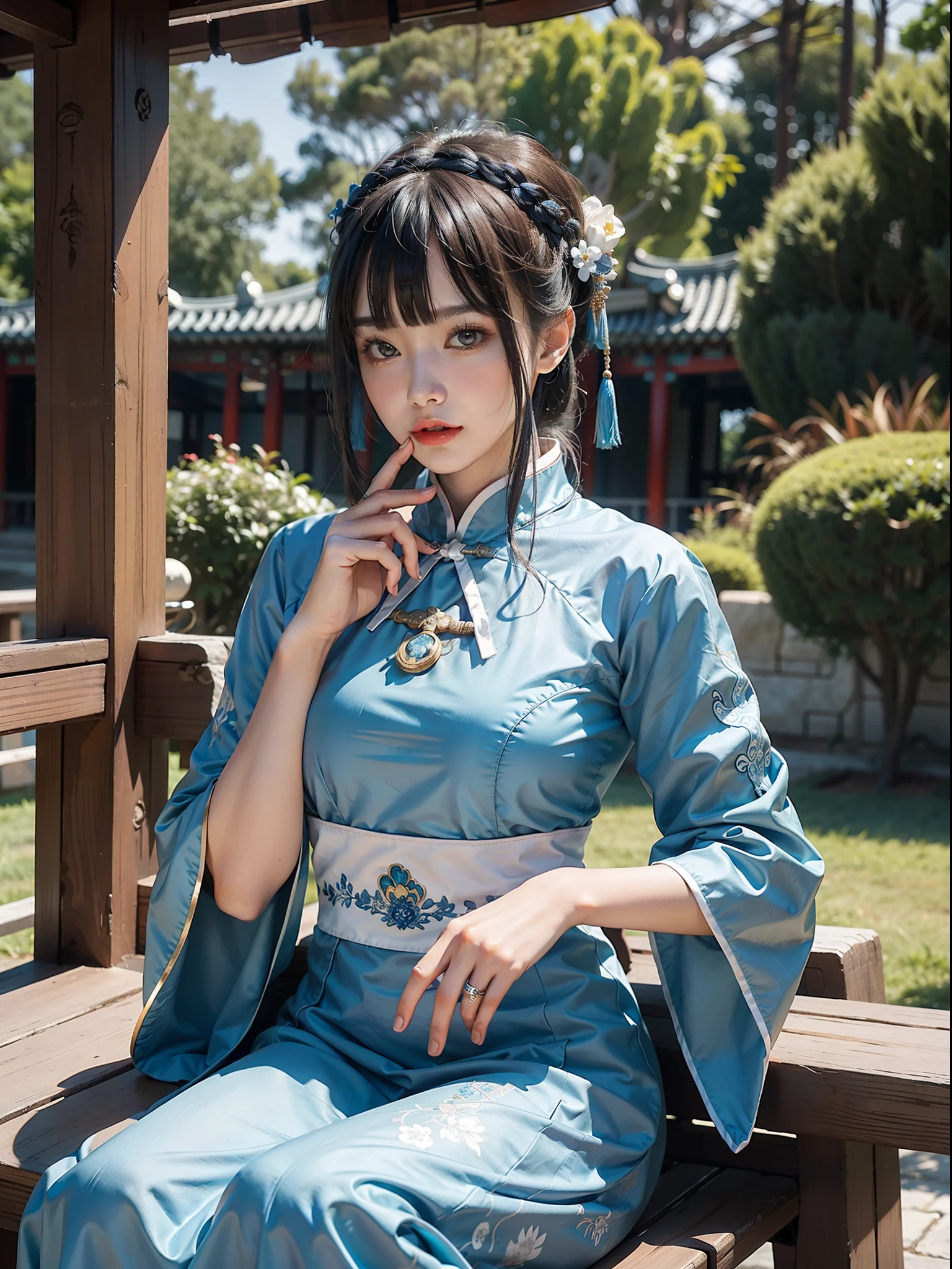 Woman in blue dress sitting on bench, hands on chin, palace, Hanfu girl, wearing ancient Chinese costume, Hanfu, wearing ancient Chinese clothing, Chinese costume, Chinese traditional clothing, white Hanfu, Chinese Traditional, Chinese style, Japanese goddess, anime girl cosplay, cheongsam, Chinese costume, wearing blue cheongsam dress, (Qi bangs), (big breasts: 1.2), (ring finger diamond ring), masterpiece, realistic