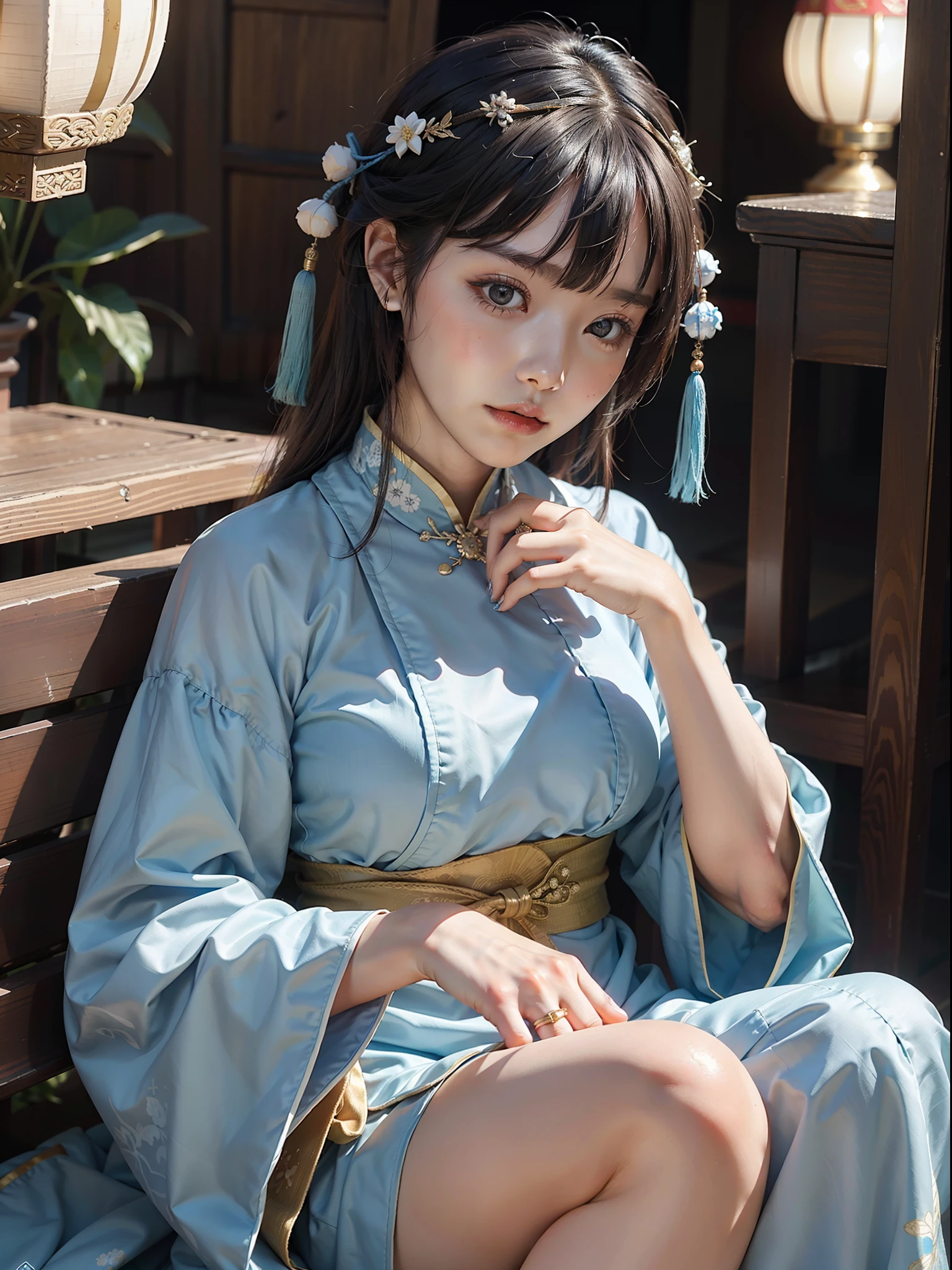 Woman in blue dress sitting on bench, hands on chin, palace, Hanfu girl, wearing ancient Chinese costume, Hanfu, wearing ancient Chinese clothing, Chinese costume, Chinese traditional clothing, white Hanfu, Chinese Traditional, Chinese style, Japanese goddess, anime girl cosplay, cheongsam, Chinese costume, wearing blue cheongsam dress, (Qi bangs), (big breasts: 1.2), (ring finger diamond ring), masterpiece, realistic