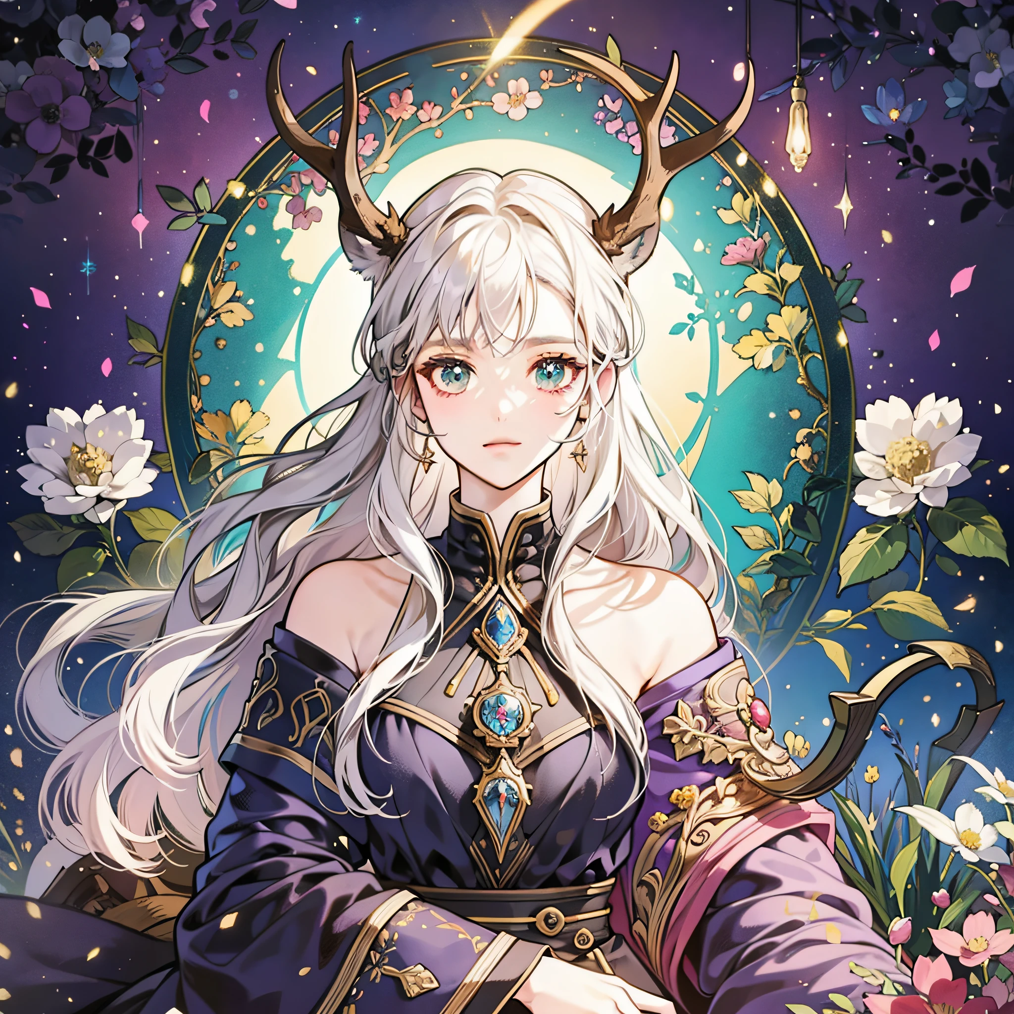 Delicate, aesthetic, deity, high quality, light and shadow effects, sense of atmosphere, forest, elk, maiden, gentle, with long white hair, many colorful trinkets hanging on the antlers, all of which are images of berries, flowers, small animals and other images made of gemstones. Her creamy white anxile length dress has a soft and soft texture like moonlight.
