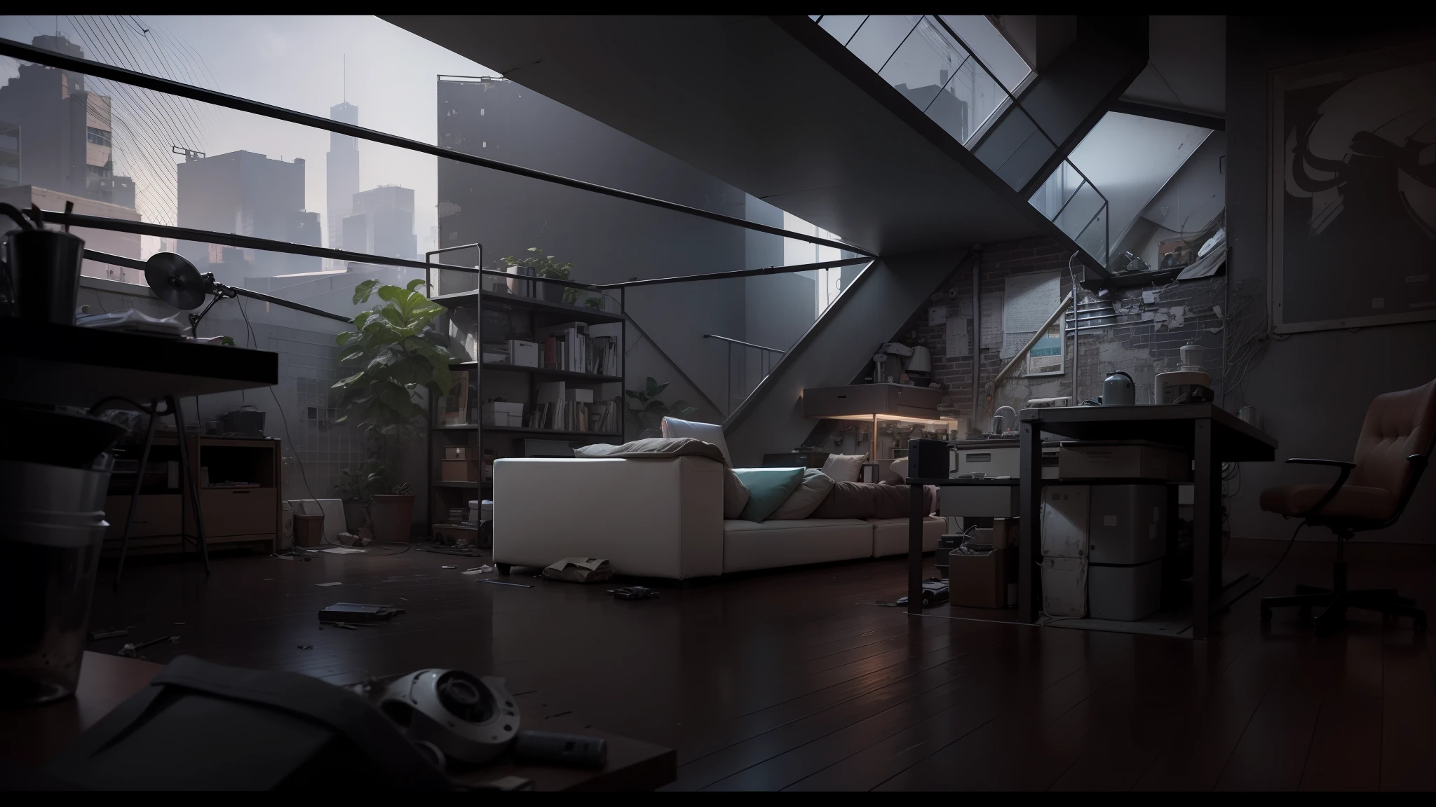 Father and daughter live in a middle class, subpar apartment littered with mechanical parts, trinkets, and other fragments of the past
Grey color scheme of apartment --auto --s2