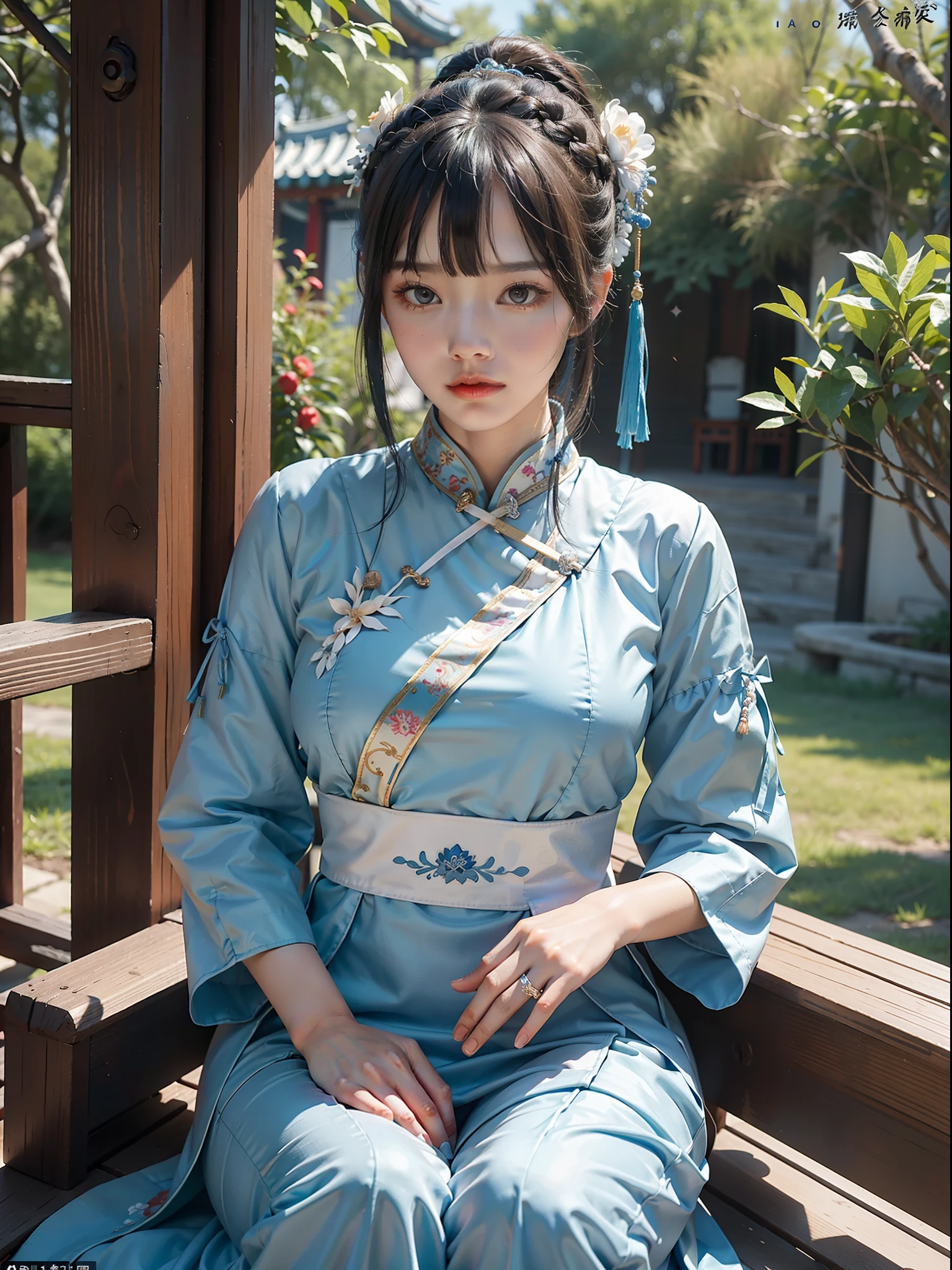 Woman in blue dress sitting on bench, hands on chin, palace, hanfu girl, wearing ancient chinese costume, hanfu, wearing ancient chinese costume, chinese costume, traditional chinese clothing, white hanfu, Chinese Traditional, chinese style, japanese goddess, anime girl cosplay, cheongsam, chinese costume, wearing blue cheongsam dress, (qi bangs), (big breasts: 1.2), (bare breasts), (ring finger diamond ring), masterpiece, realism