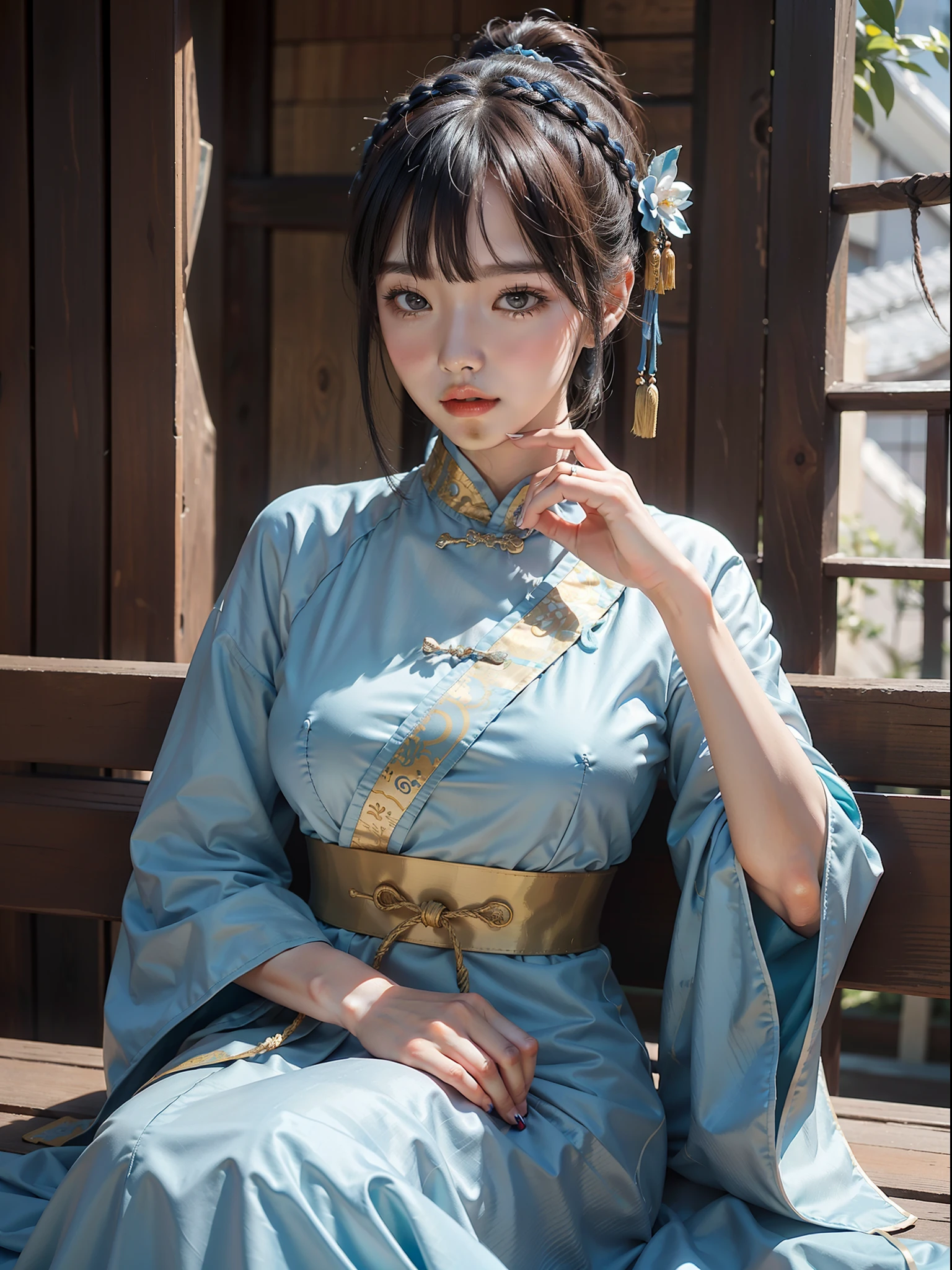 Woman in blue dress sitting on bench, hands on chin, palace, hanfu girl, wearing ancient chinese costume, hanfu, wearing ancient chinese costume, chinese costume, traditional chinese clothing, white hanfu, Chinese Traditional, chinese style, japanese goddess, anime girl cosplay, cheongsam, chinese costume, wearing blue cheongsam dress, (qi bangs), (big breasts: 1.2), (bare breasts), (ring finger diamond ring), masterpiece, realism
