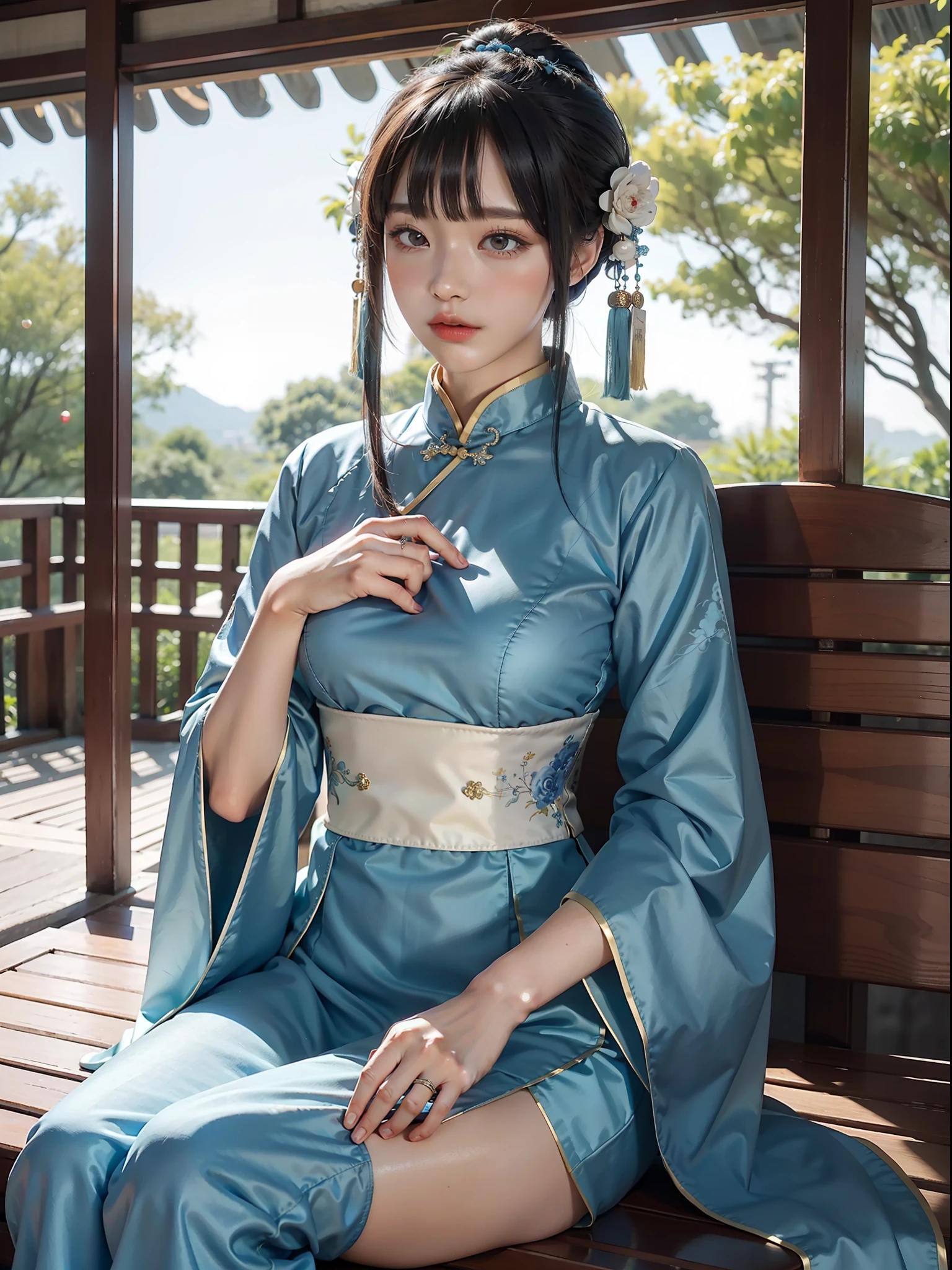 Woman in blue dress sitting on bench, hands on chin, palace, hanfu girl, wearing ancient chinese costume, hanfu, wearing ancient chinese costume, chinese costume, traditional chinese clothing, white hanfu, Chinese Traditional, chinese style, japanese goddess, anime girl cosplay, cheongsam, chinese costume, wearing blue cheongsam dress, (qi bangs), (big breasts: 1.2), (bare breasts), (ring finger diamond ring), masterpiece, realism