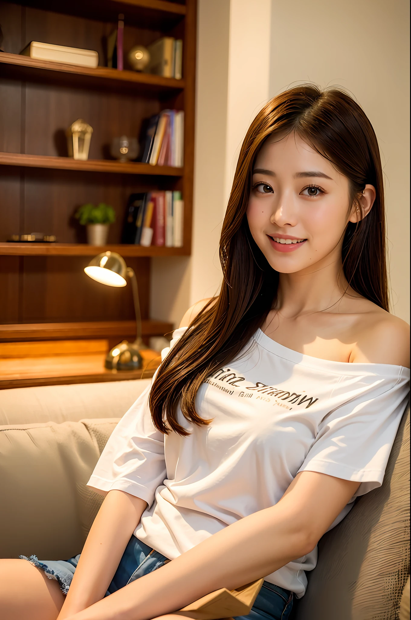 (8k, RAW, Photorealistic: 1.25), (Lip Gloss, Eyelashes, Glossy Face, Glossy Skin, Best Quality, Ultra High Resolution, Depth of Field, Chromatic Aberration, Caustics, Wide Lighting, Natural Shading, Satomi Ishihara, Off Shoulder, T-Shirt), Shades, Smile, Welcome Home Expression, Living Room of a Mansion, Scotch Whiskey on Whisky Shelf