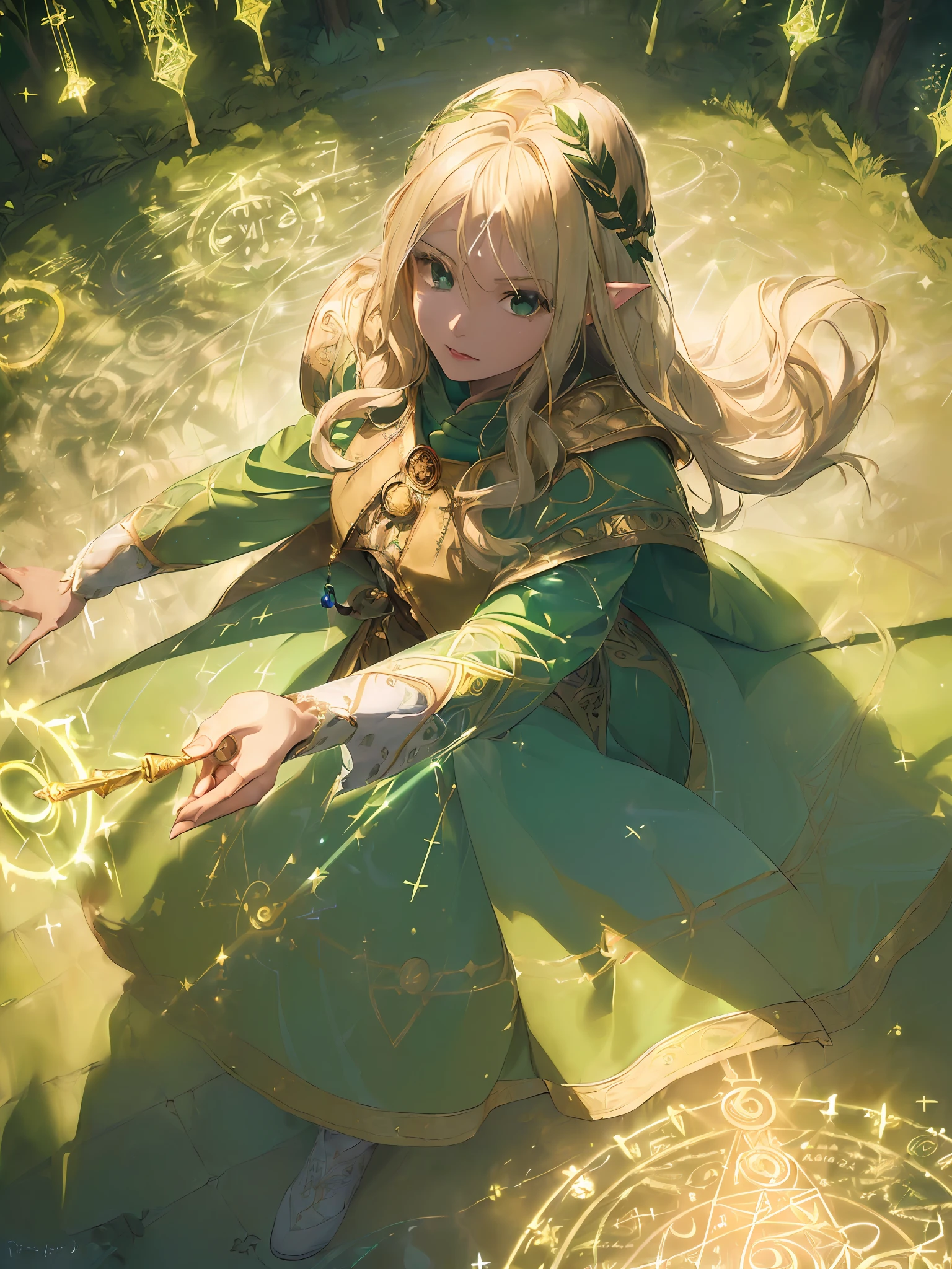 (((Masterpiece, highest quality, high definition, high detail)))), ((((Fantasy)))), 1 person, (((from above)))))), (zoom in on eyes)))), (Elf woman)))), (blonde blonde long straight hair), ((fine dark green eyes)))), (green surcoat with gold embroidery))), (((green long cloak with gold embroidery) ), Big, Spreading Arms, ((Casting spells)), (Lots of glowing particles are flying), ((((Light streams gather in the hands))), (((Magic circle of light densely drawn on the ground with magic patterns and letters densely and multi-layered))), Forest, Magic Circle of Light spreading around elven women