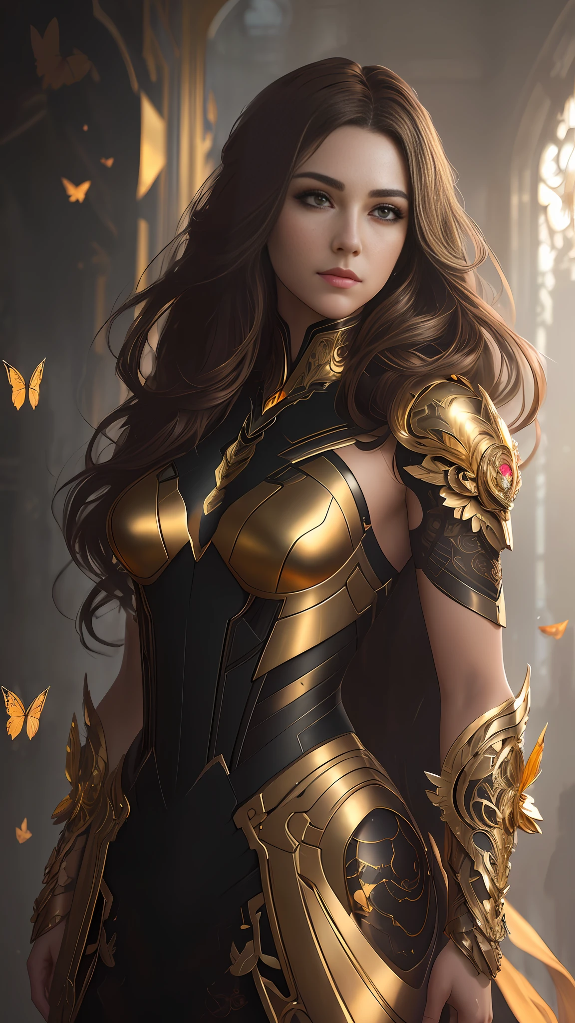 8k portrait of beautiful cyborg with brown hair, intricate, elegant, highly detailed, majestic, digital photography, art by artgerm and ruan jia and greg rutkowski surreal painting gold butterfly filigree, broken glass, (masterpiece, sidelighting, finely detailed beautiful eyes: 1.2), hdr