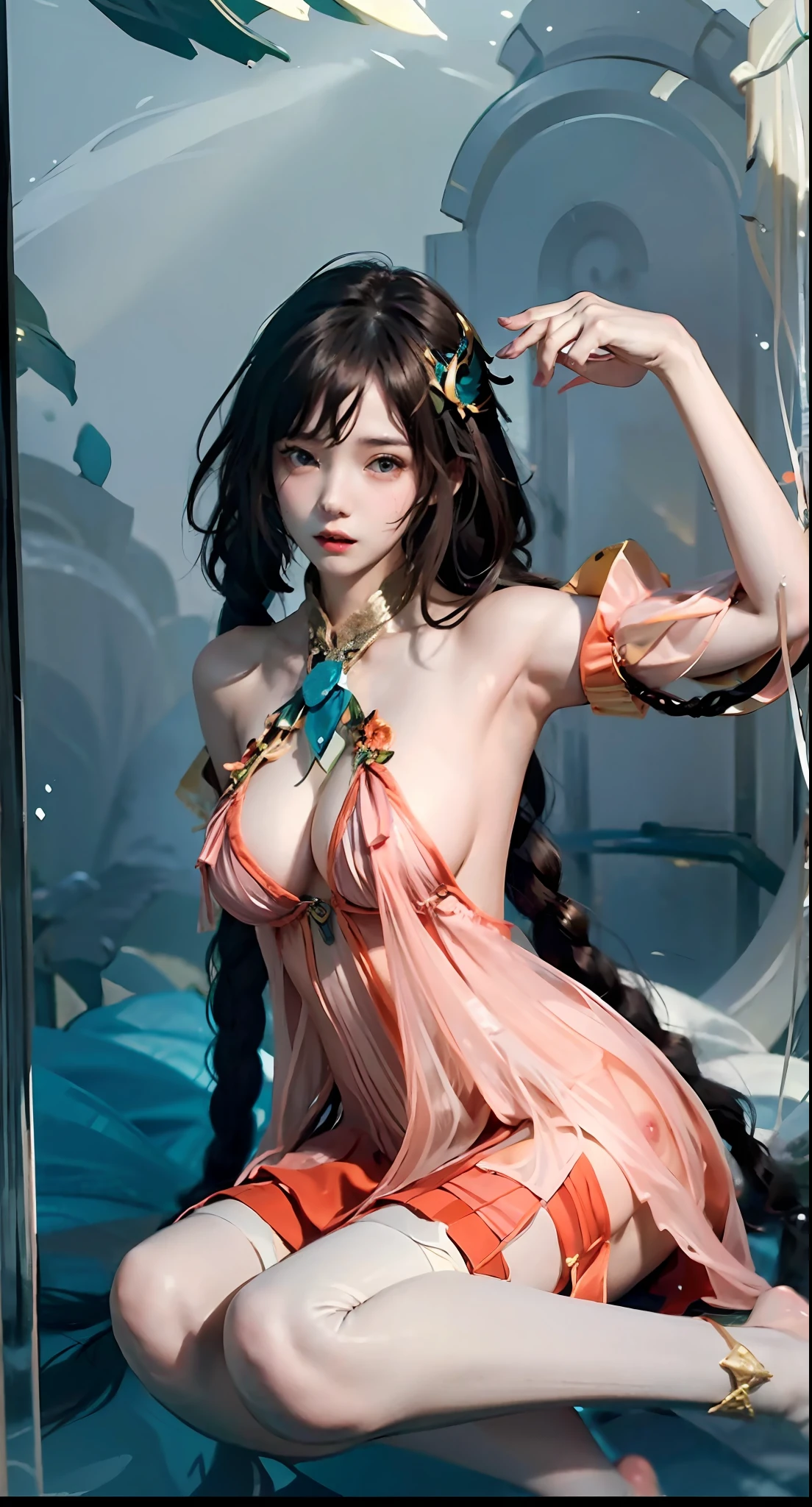 Girl, clothes transparent, long hair, nipple, (NSFW: 0.72), (white stockings), underwater