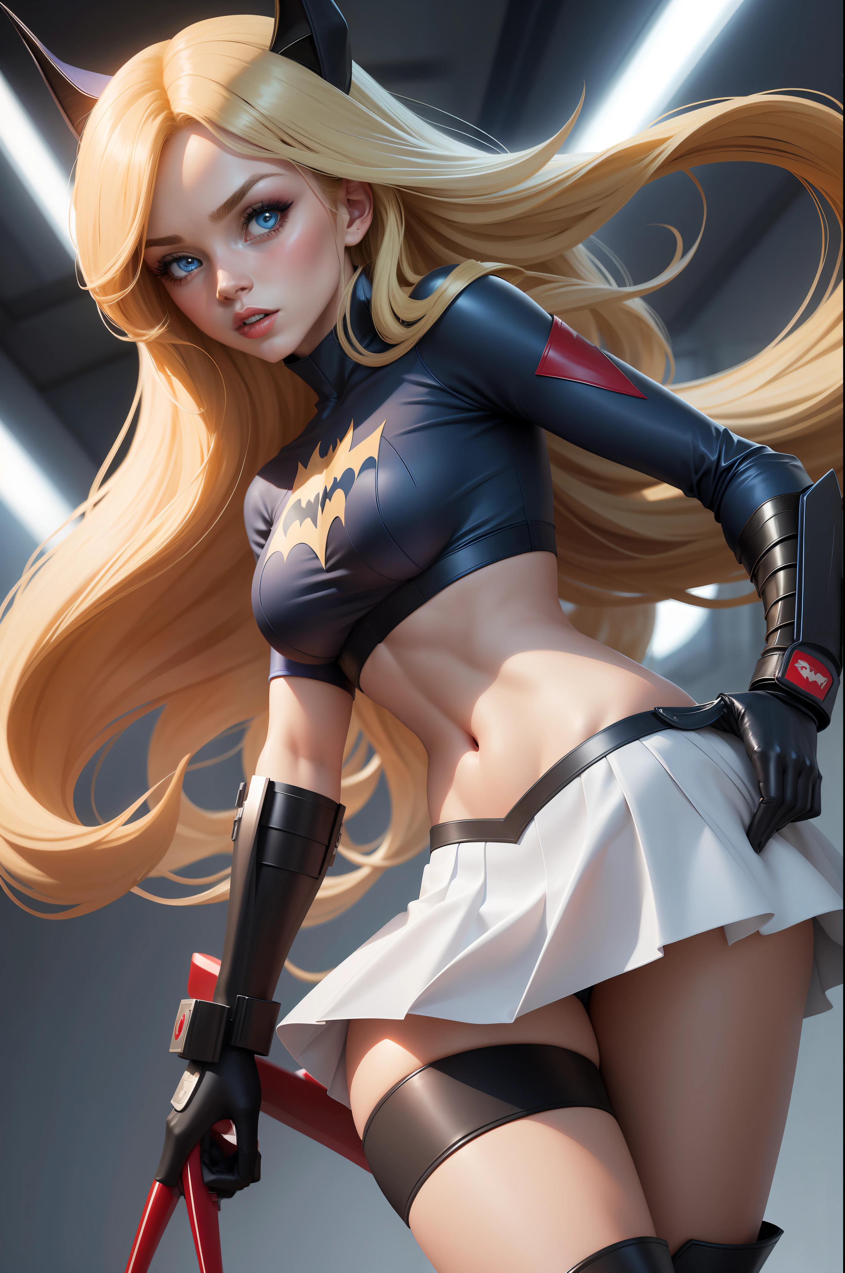 Sexy Batgirl long blonde hair and blue eyes, black hair band, white croptop, short sleeves, red cape, blue pencil skirt, red boots, white gloves