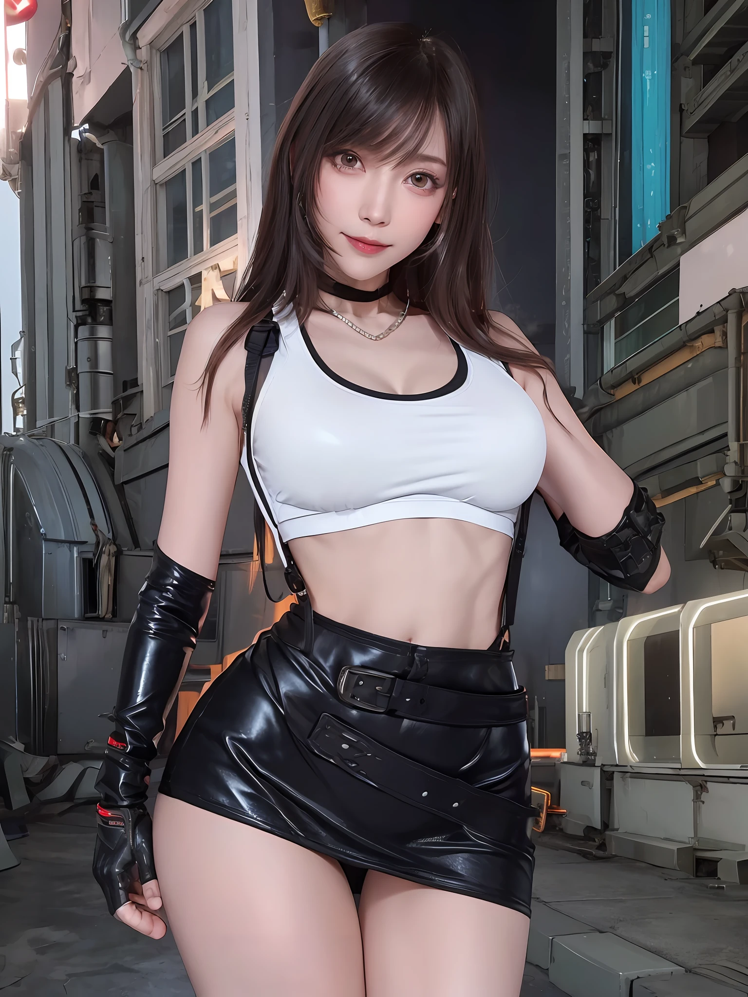 Tattered little white tank top, no bra, (black miniskirt: 1.15), (suspenders: 1.2), thick leather gloves, solo, woman, (pyoapple v1:1.05), pio apple, (parted lips, light smile), (shiny skin: 1.1), blush, (bangs)), long hair, clenched fist, duke, fighting pose, skindentation, ((slim slender body )), (long legs), model figure, top quality, ultra high resolution, (photorealistic), (detailed face and eyes), industrial slam cyberpunk dystopia background, white tank top, white tank top, belly button out, belly visible