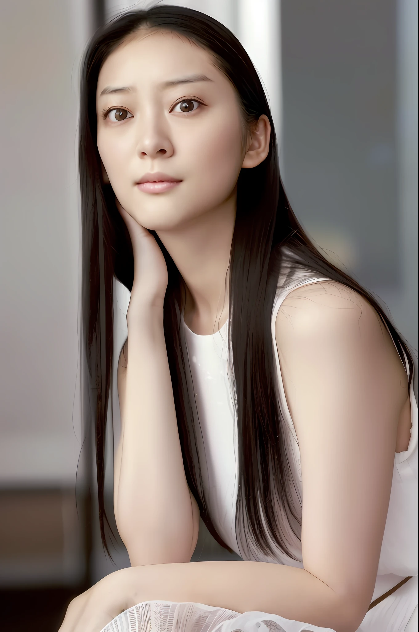 (4k, best quality, highres:1.2), (realistic, photo-realistic:1.37), Emi Takei, 1girl, solo, black_hair, long hair, realistic, (looking_at_viewer:1.3), dress, lips, nose, detailed eyes, (pale skin:1.3),