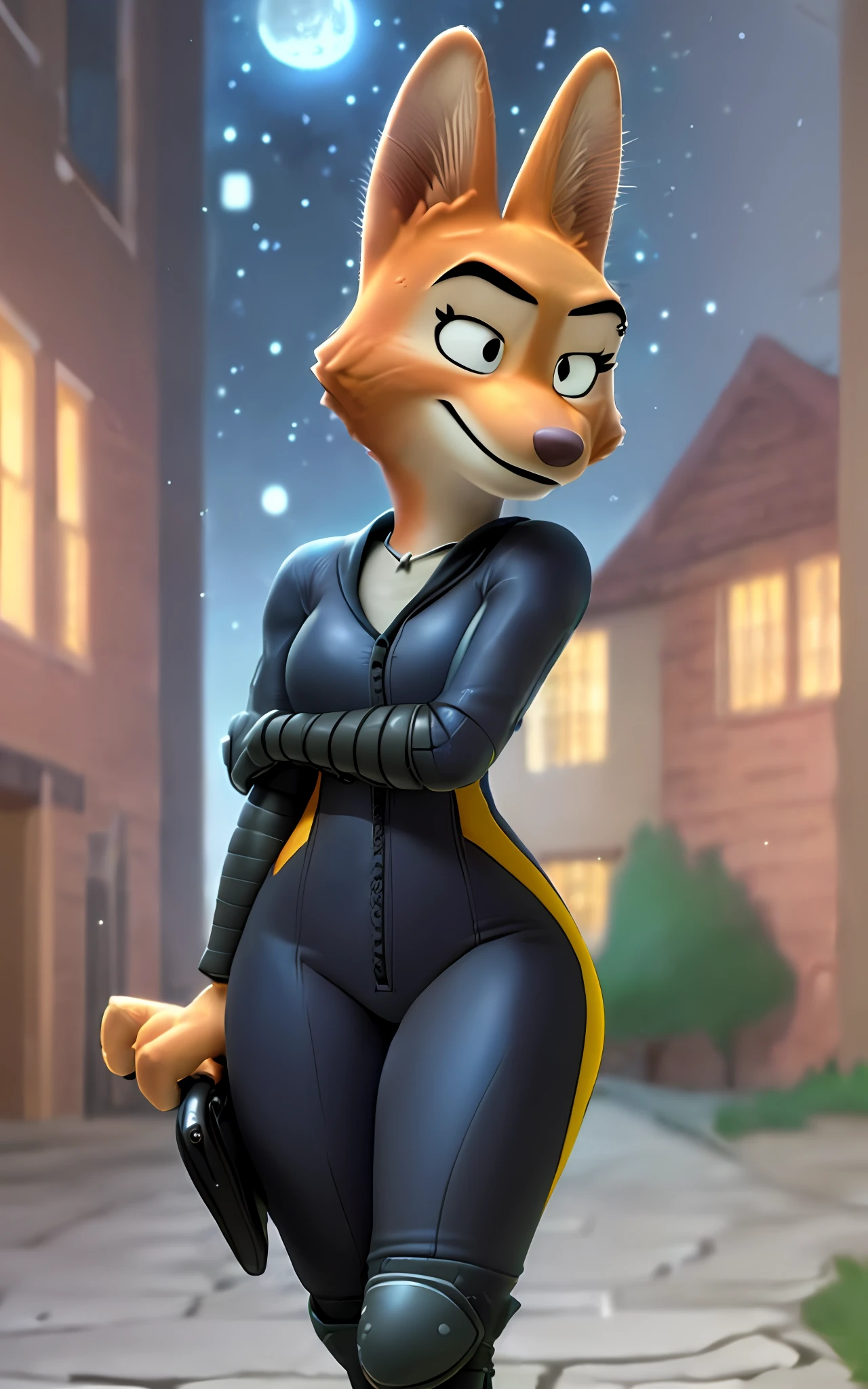 [Dreamworks artstyle], [Diane Foxington from Dreamworks The Bad Guys], [Uploaded to e621.net; (Foxovh), (Pixelsketcher)], ((dreamworks artstyle)), ((inspired by Steve Ditko)), ((masterpiece)), ((solo portrait)), ((1girl)), ((upper body close-up)), ((furry; antrho fox girl)), ((detailed fur)), ((raytracing; reflective surfaces)), ((detailed shading)), ((beautiful render art)), ((cel shading)), ((nighttime lighting)), {anthro fox; (orange fur, pink nose, pointed ears, thin black lips), small round black-green eyes, seductive gaze), (black skintight zip-up suit; yellow lining, shiny texture), small boobs, curvaceous thin hips), (eye piercing; LEFT eye}, ((walking, intimidating yet sensual posture), [background; (building top, brick buildings, starry night sky, full moon)]