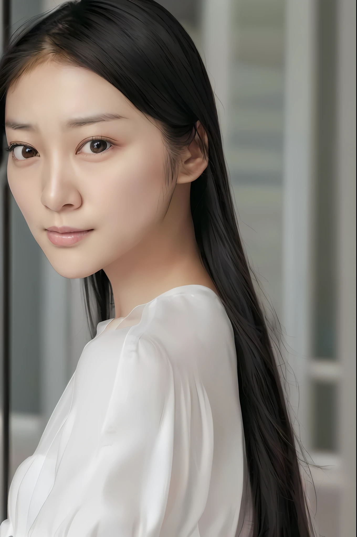 (4k, best quality, highres:1.2), (realistic, photo-realistic:1.37), Emi Takei, 1girl, solo, black_hair, long hair, realistic, (looking_at_viewer:1.3), dress, lips, nose, detailed eyes, (pale skin:1.3),