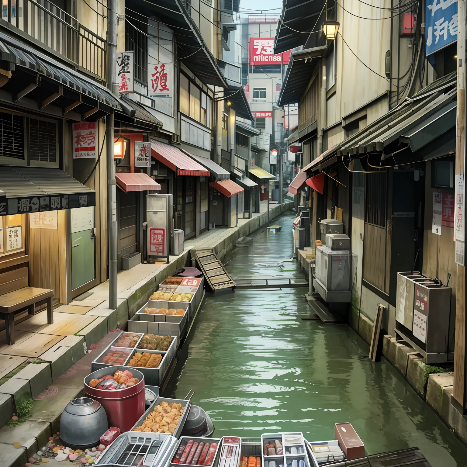 and dirty streets of Japan, poor people on their way home from work, exterior stairs, narrow river with floating garbaghady, dimly lit basements, dirty old shopping streets, food stalls run by old people, taverns, vending machines, smelly and dirty garbage, brs