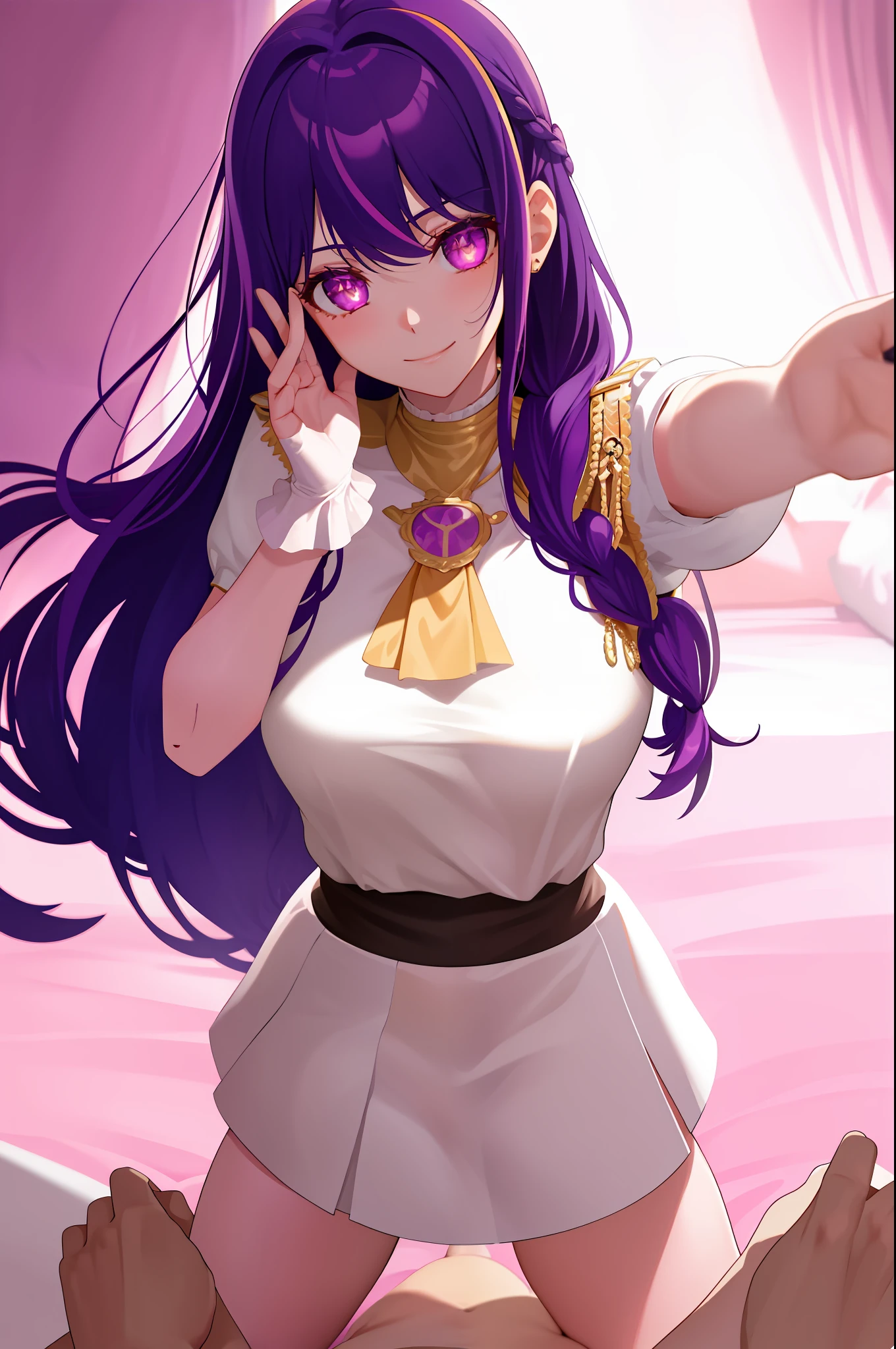masterpiece, top quality, cinematic lighting, on the bed, POV, grabbing legs,
1 girl, purple hair, long hair, pink eyes, gold earrings, medium breasts, light smile, white stockings, white gloves, fluffy uniform, topless, French braid,