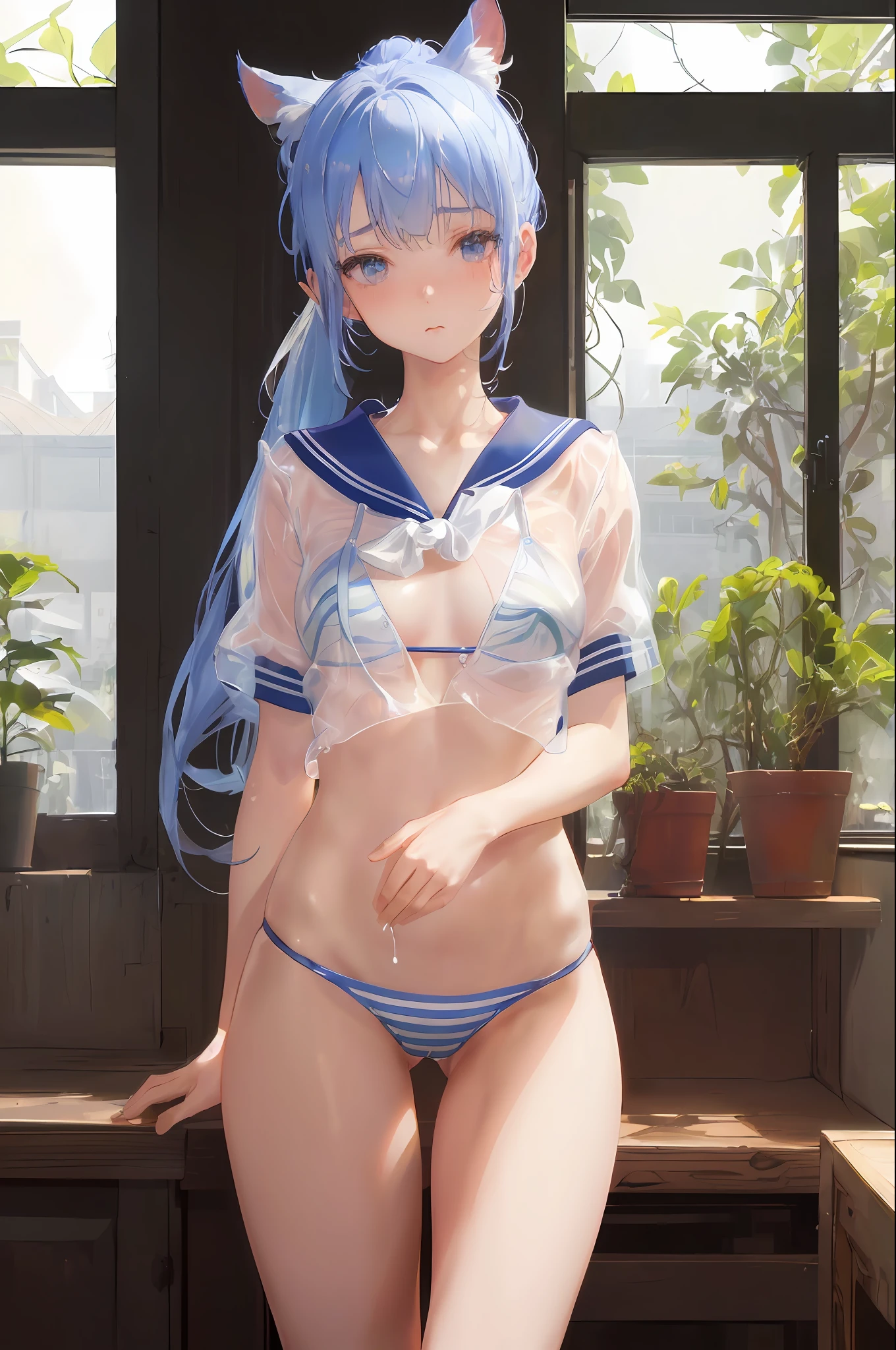 Cornflower art, dreamy, (masterpiece, top quality, perfect anatomy, beautiful face, realistic, super detailed, 1 girl, 18 ears senile, solo, depth of field, canon 24mm lens, f1.4, cute_girl, sailor_ collar, clear facial features, short sleeves, small breasts, slender height, height 150cm, barefoot, double ponytail, bangs, gravure pose, indoor, slouch, Chest gap jungle, blurred background, (Uwabaki: 1.1576)) whole body, clear liquid dripping from the crotch, the front of the shirt is exposed, breasts are visible, transparent bra, light blue striped buns, erotic, , NSFW movie, hentai,