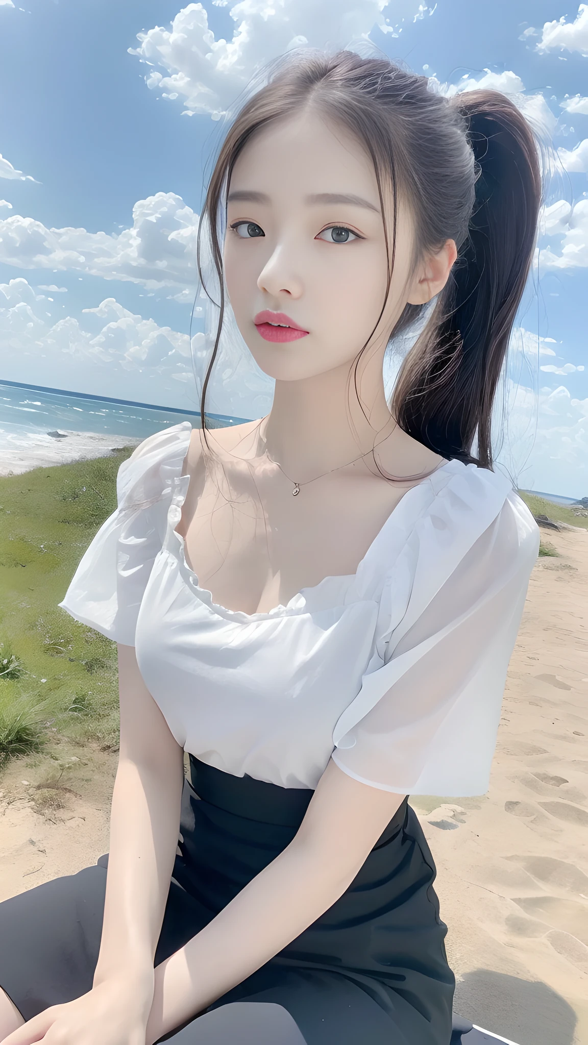 ((Best Quality, 8K, Masterpiece:1.3)), A beautiful girl, pure, melon face, gentle and cute, thin figure, partial head, upper body leaning forward, loose short sleeves, white background floral long skirt, high ponytail, black fluffy long ponytail hair, round black big eyes, clear big eyes, moist red lips, sweet, sitting, blue sky and white clouds, sunshine, beach background,