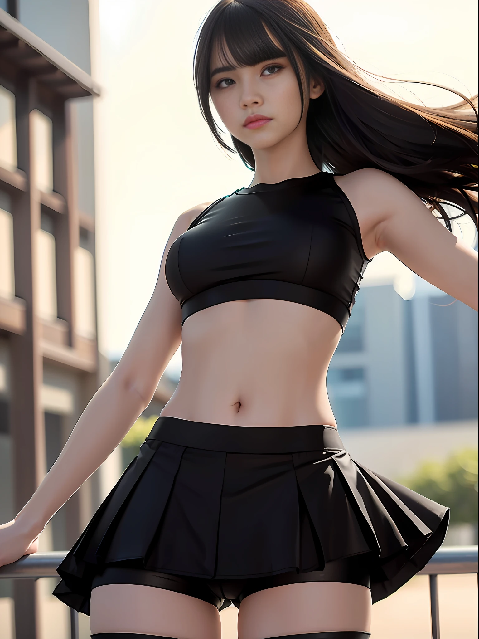 8k, RAW photos, top quality, masterpiece: 1.27), (realistic, photorealistic: 1.37), one girl, cool, ((Black spandex shorts that Thigh Length:1.37)), simple outfits, pleated skirts, shorts under skirt, lively girl, hair fluttering in the wind, blurred background, handsome, masterpiece (Detailed Facial Description), (Detailed Facial Explanation), (Detailed Facial Presentation), (Detailed Facial Features), (Top Quality Photos), (Masterpiece), (Detailed Eyes),