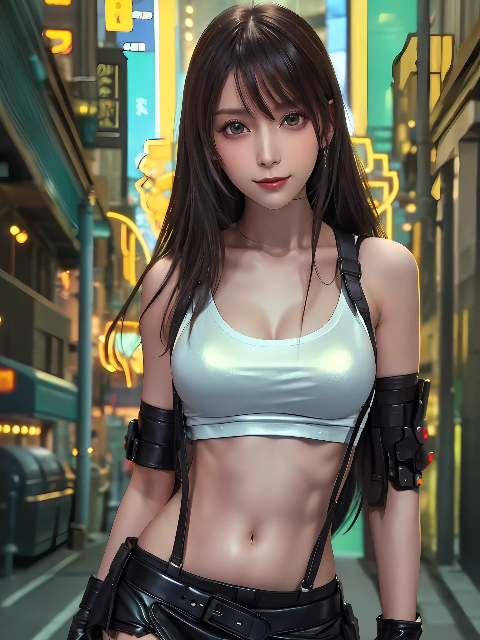 Tattered little white tank top, no bra, (black miniskirt: 1.15), (suspenders: 1.2), thick leather gloves, solo, woman, (pyoapple v1:1.05), pio apple, (parted lips, light smile), (shiny skin: 1.1), blush, (bangs)), long hair, clenched fist, duke, fighting pose, skindentation, ((slim slender body )), (long legs), model figure, top quality, ultra high resolution, (photorealistic), (detailed face and eyes), industrial slam cyberpunk dystopia background, white tank top, white tank top, belly button out, belly visible