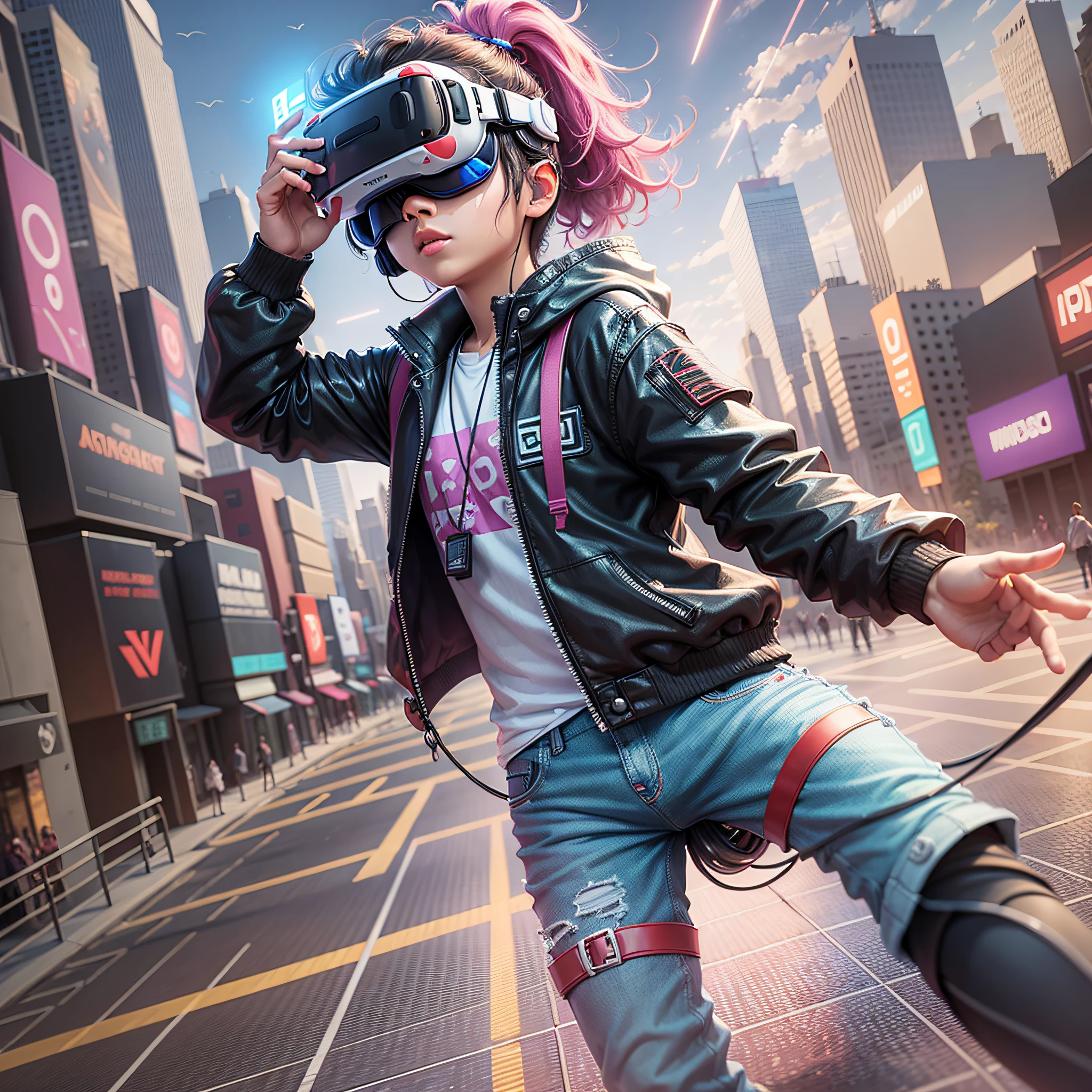 Metaverse technology concept. Teenager playing with VR virtual reality goggles and Metaverse virtual world experience on colourful background. Visualisation and simulation, 3D, AR, VR, innovation. --auto --s2