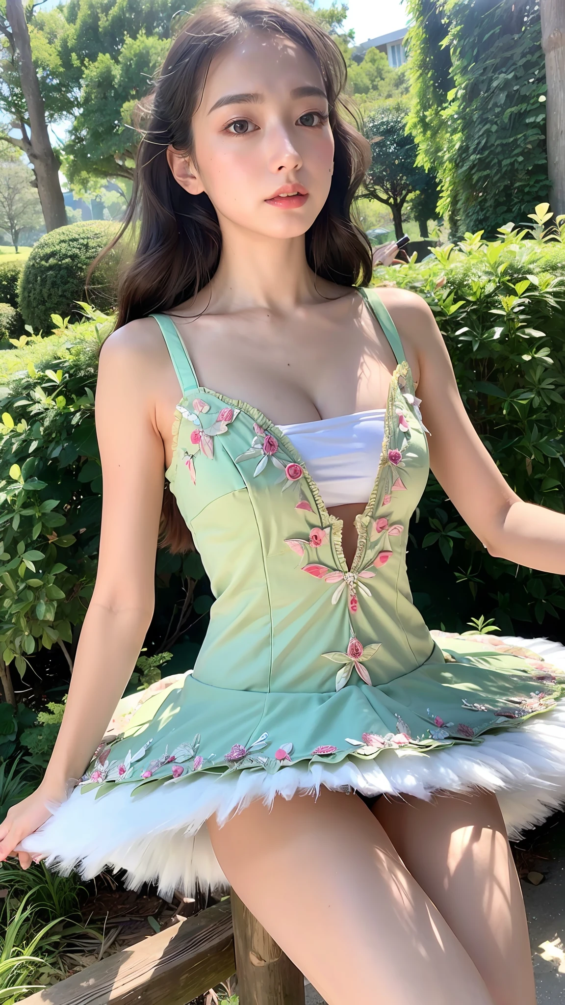 (Best quality, 8k, 32k, Masterpiece, UHD:1.2), Photo of Pretty Japanese woman, 1girl, (RAW photo), (realistic), (photorealistic:1.3), (high res), ultra detailed, Primaballerina_tutu, prima ballerina green tutu, incredibly beautifull face and eyes, (:1.2), round small face, (gigantic breasts, cleavage), thin waist, slim proportions, forest at dawn, (sweaty), from below, crotch,