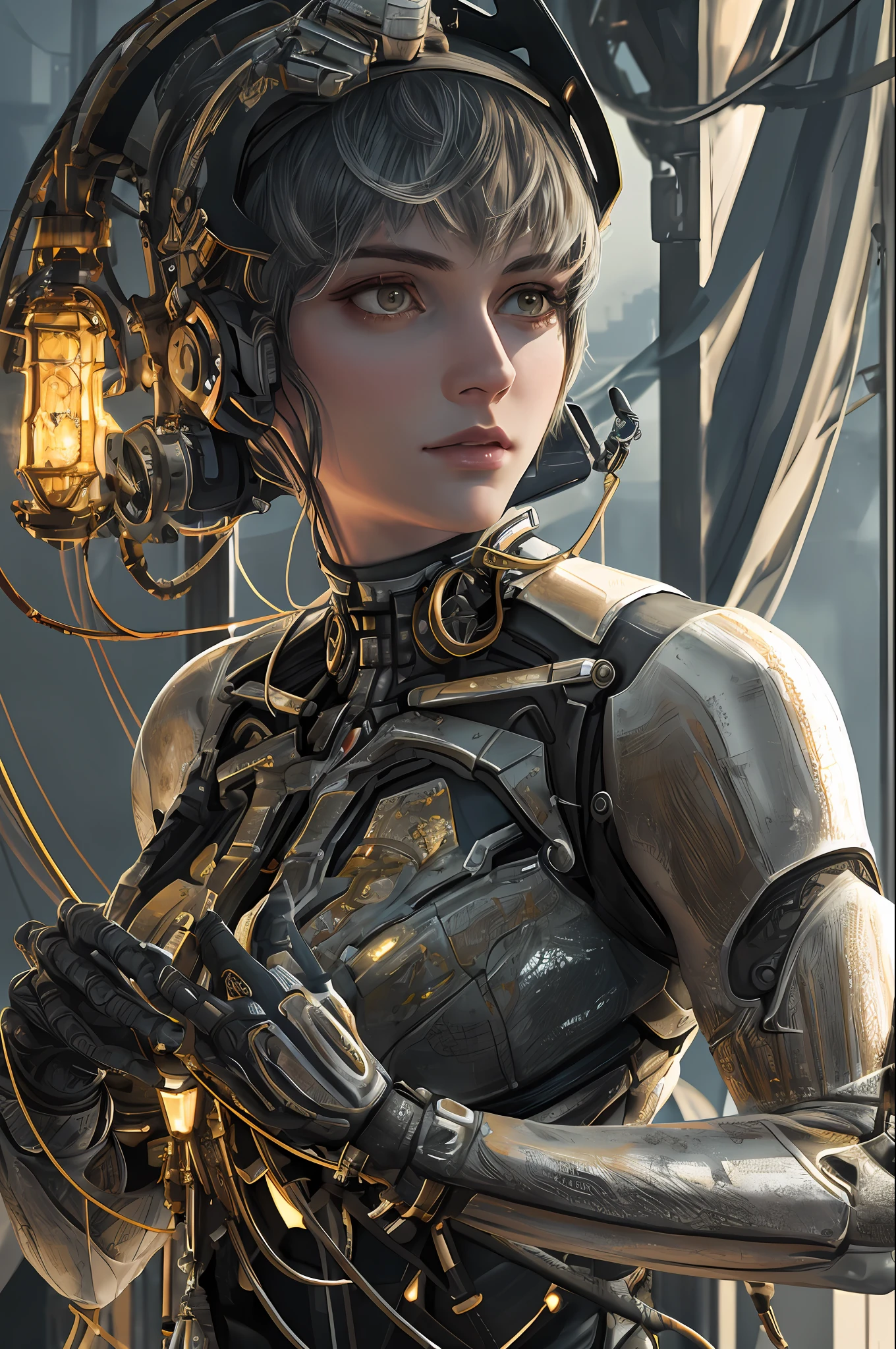 1mechanical girl,((ultra realistic details)), portrait, global illumination, shadows, octane render, 8k, ultra sharp,metal,intricate, ornaments detailed, cold colors, egypician detail, highly intricate details, realistic light, trending on cgsociety, glowing eyes, facing camera, neon details, machanical limbs,blood vessels connected to tubes,mechanical vertebra attaching to back,mechanical cervial attaching to neck,sitting,wires and cables connecting to head