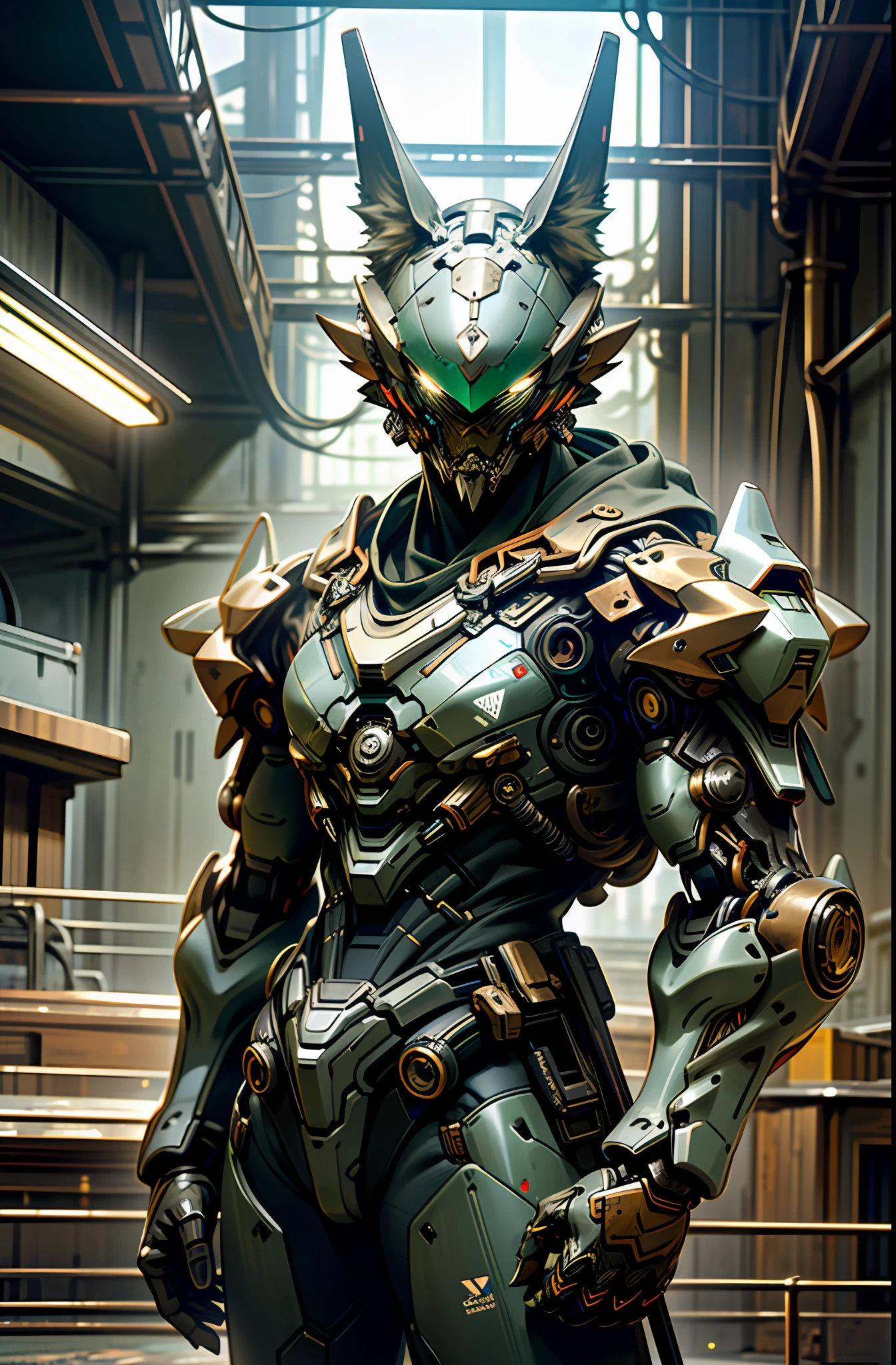 Dark_Fantasy, Cyberpunk, (wolf, wolf man, Green:1.1), (random city building), (masterpiece, 32k resolution, ultra-realistic, very detailed), wearing shabby mech suits, intricate, (steel metal [rusty]), elegant, clear focus, photographed by greg rutkowski, soft lighting, bright colors, masterpiece, (((urban architecture)), cowboy shooting, dynamic pose, Exquisite eyes, detailed background, perfect face, exquisite facial features, high resolution, high quality, high detail, colorful, exquisite wallpaper, glitter particles, realistic, OC rendering, supreme masterpiece,
