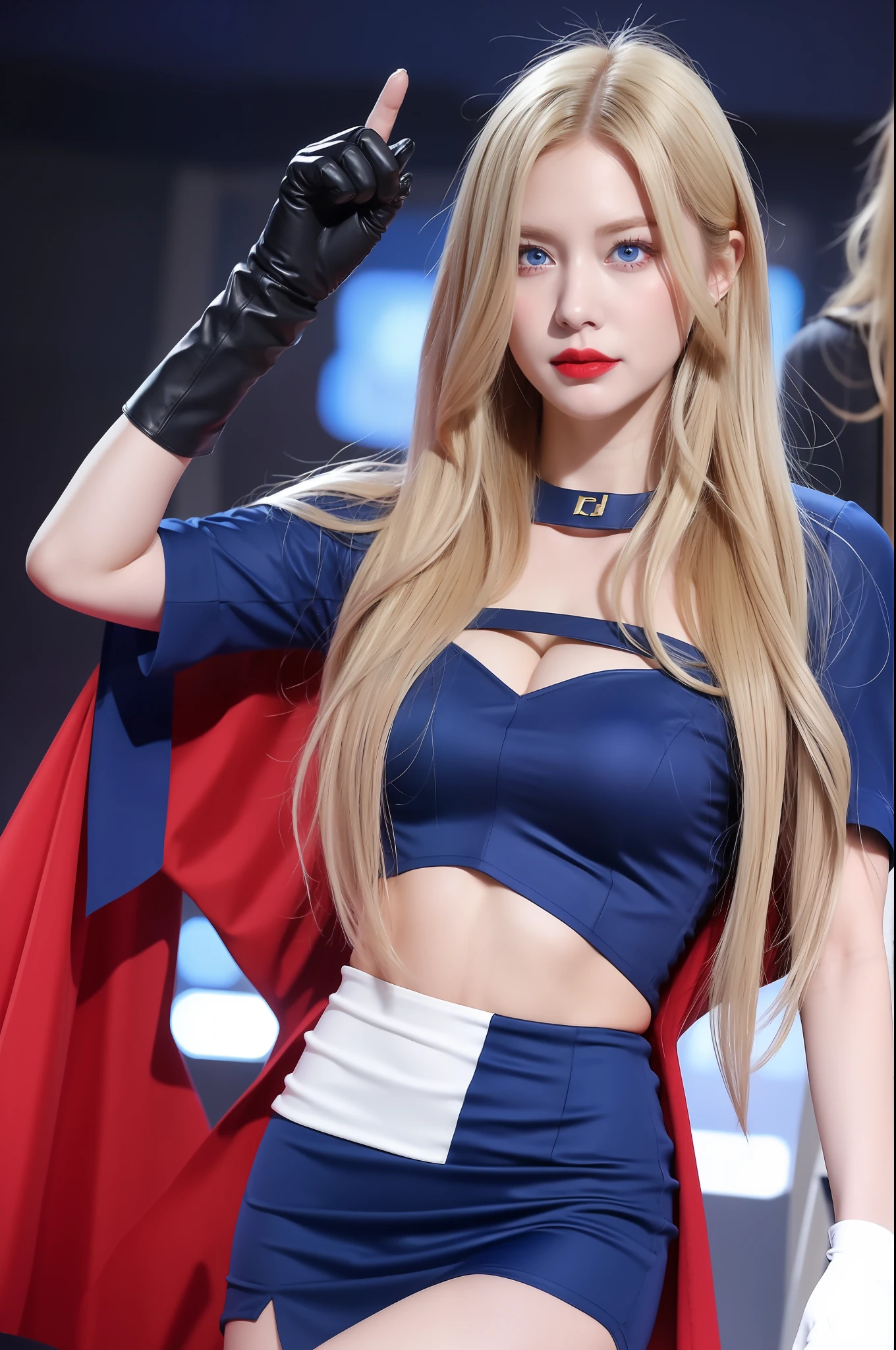 Sexy Batgirl long blonde hair and blue eyes, black hair band, white croptop, short sleeves, red cape, blue pencil skirt, red boots, white gloves