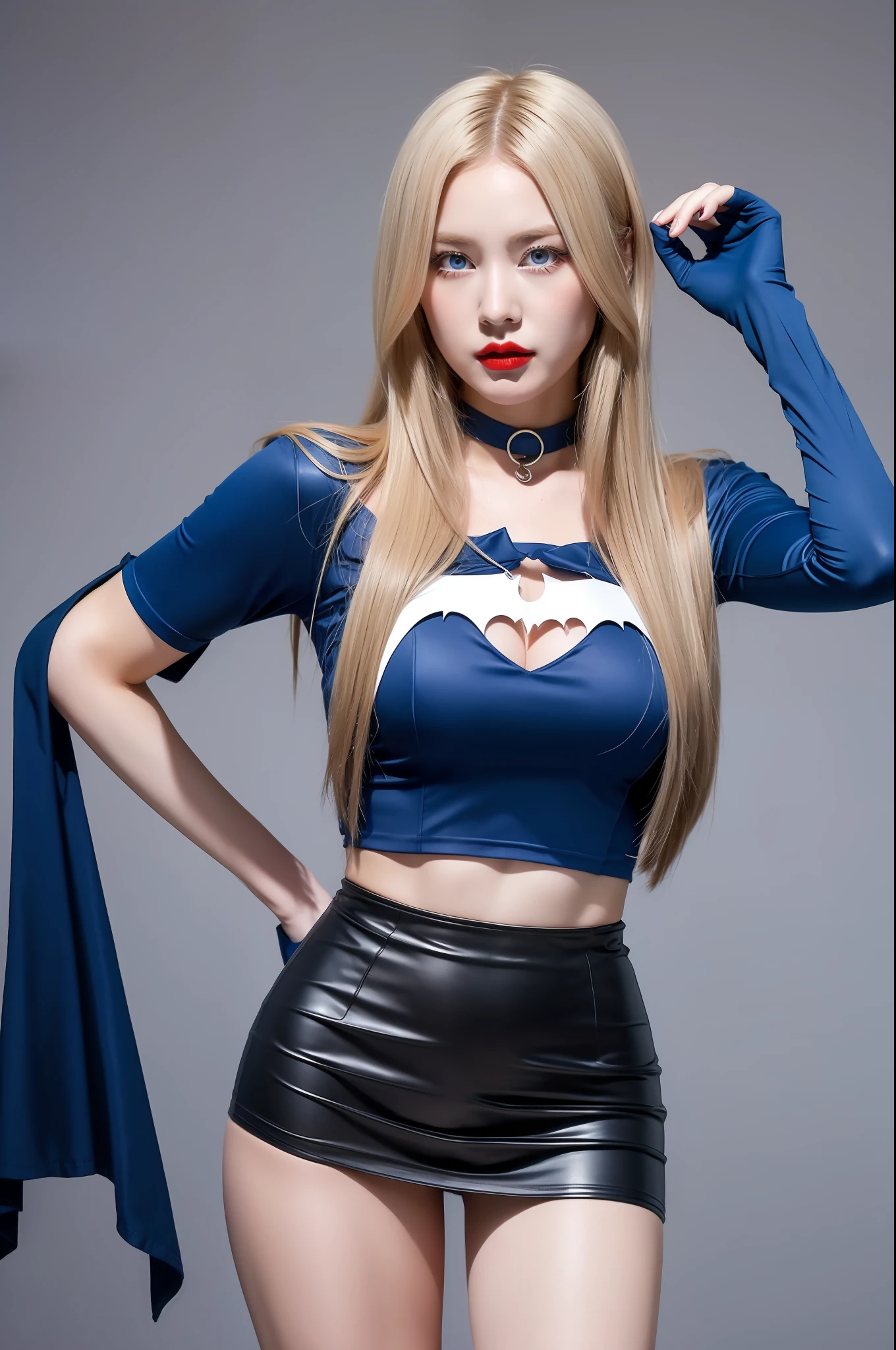 Sexy Batgirl long blonde hair and blue eyes, black hair band, white croptop, short sleeves, red cape, blue pencil skirt, red boots, white gloves